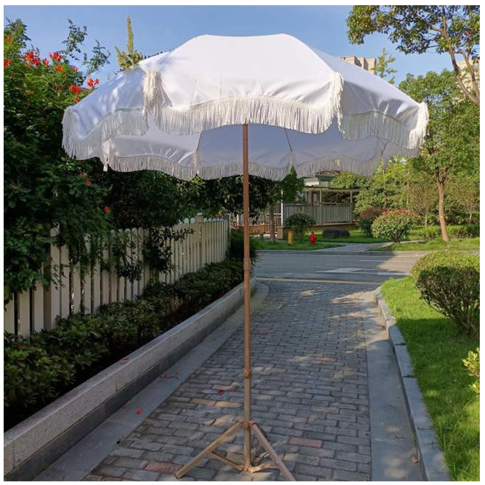Y&J 1.8m (71in) Outdoor Tilt Beach Parasol with UV Protection - White Patio Umbrella with Tassel Design, 2.45m (96.4in) Height for Garden, Poolside, and Outdoor Dining (Base Not Included)