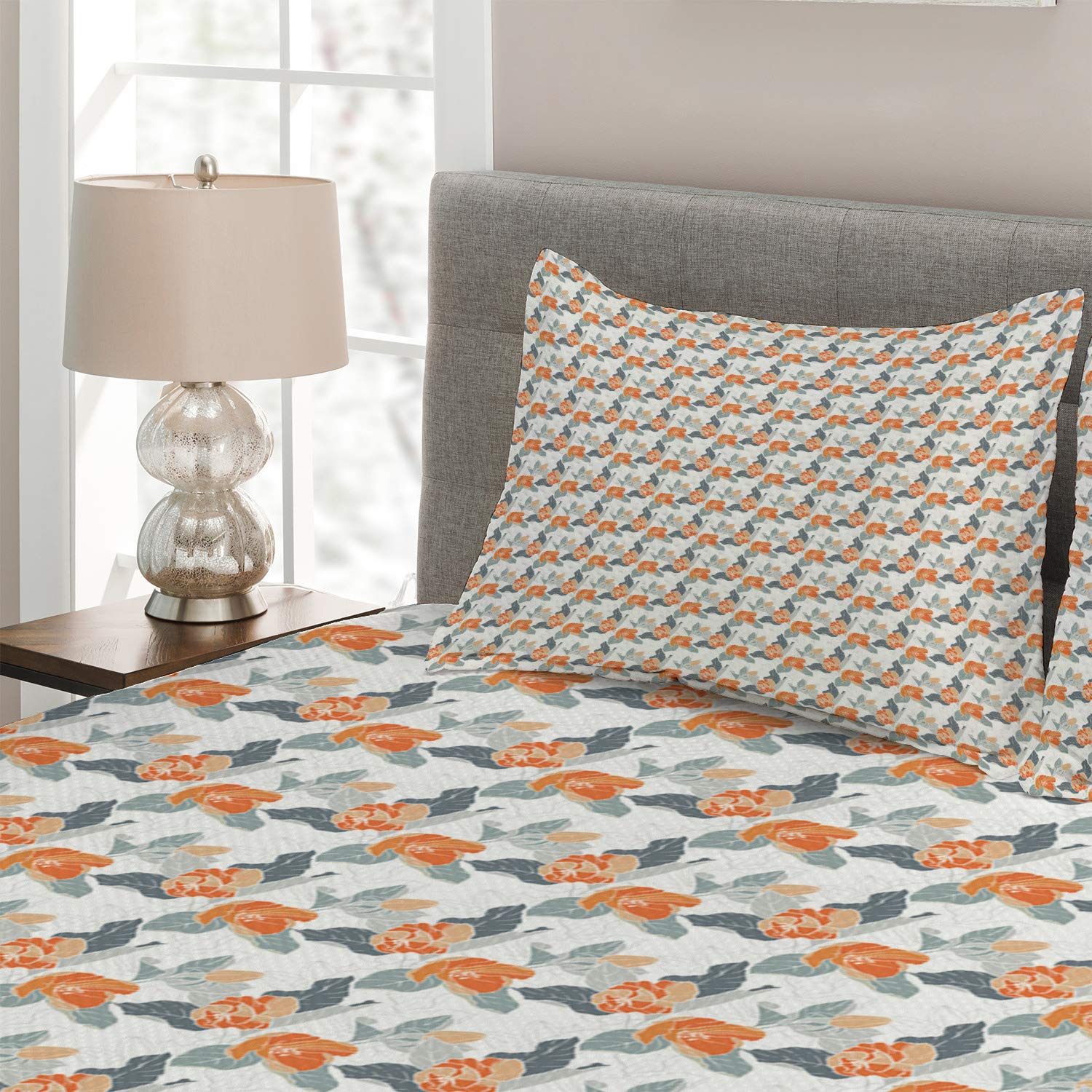Ambesonne Floral Quilt Set King Size - 3 Piece Victorian Apple Blossom Bedspread with 2 Pillow Shams in Orange, Purple, Blue, Pale Grey & White | Elegant Bedroom Decor for Spring & Summer