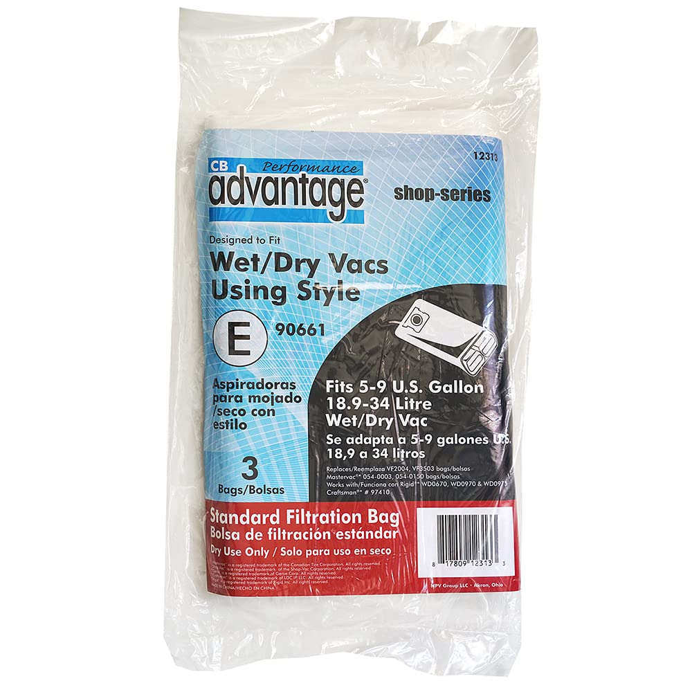 Advantage Wet/Dry Vacuum 5-9 Gallon Shop Vac Replacement Standard Filter Bags, 3-Pack - Perfect for Dust Collection in Woodworking, Construction & Home Cleaning