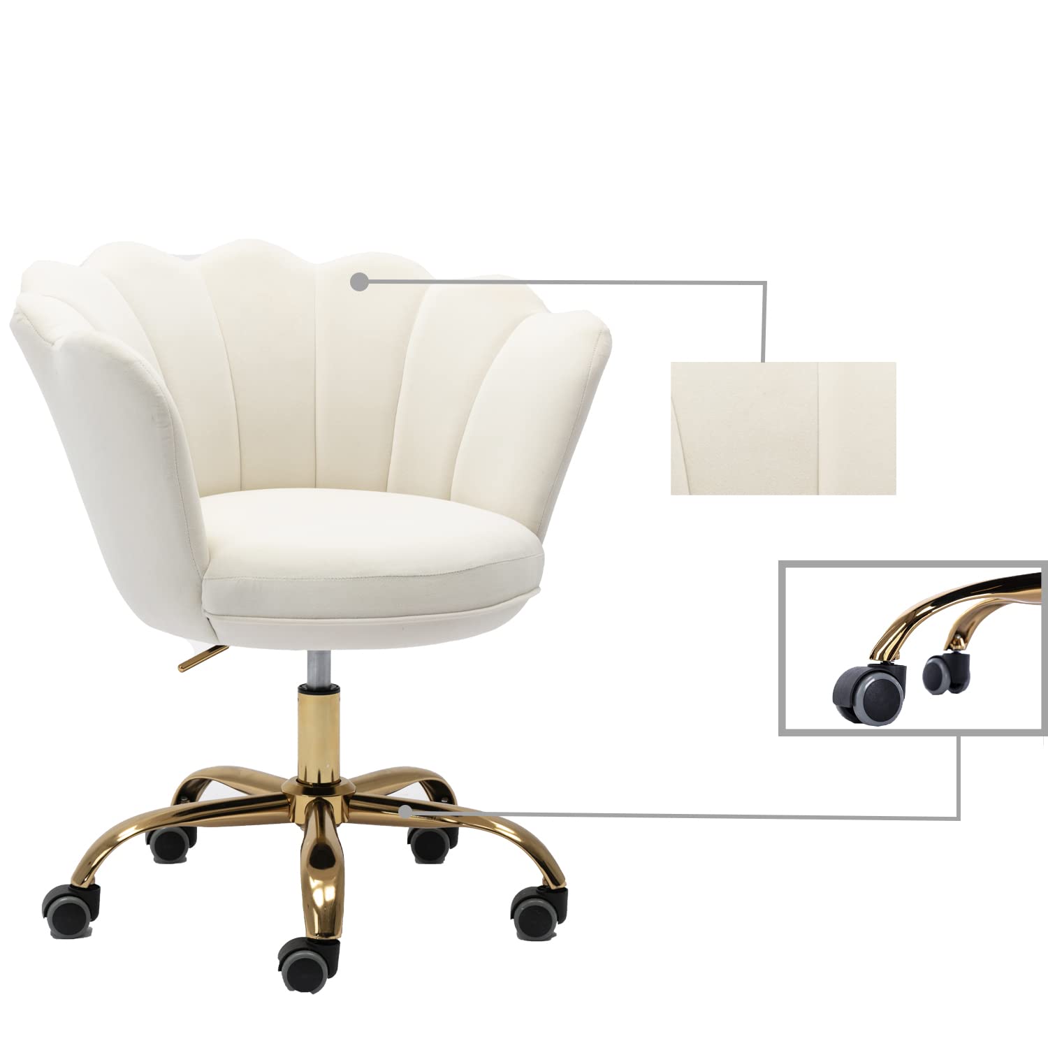 Ergonomic Modern Home Office Chair - Adjustable Swivel Desk Chair with Wheels, Velvet Upholstered Task Chair for Living Room & Bedroom - Perfect for Work, Study, and Makeup Vanity (White)