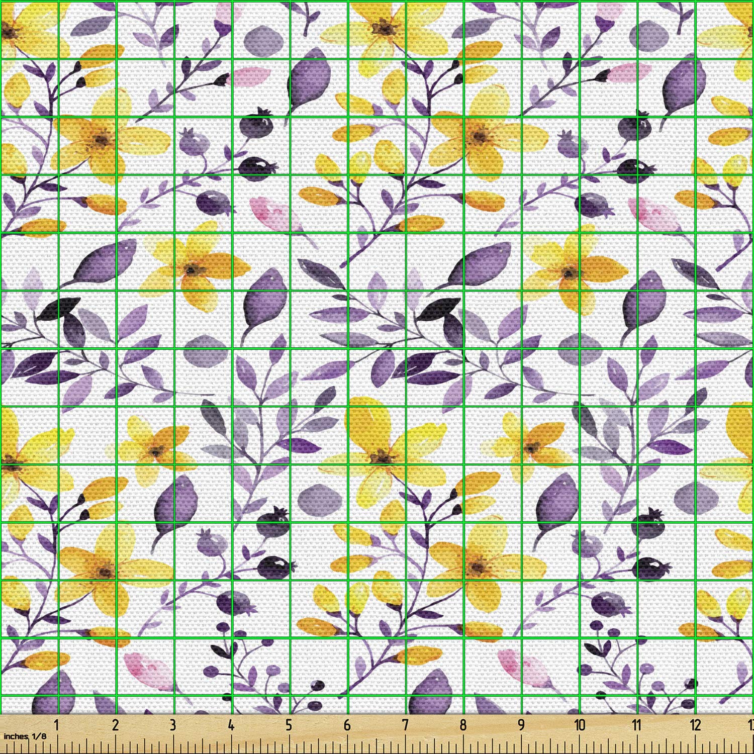 Ambesonne Floral Fabric - Purple Leaves Yellow Flowers - 5 Yards for Upholstery & Home Decor - Summer Decorating Fabric