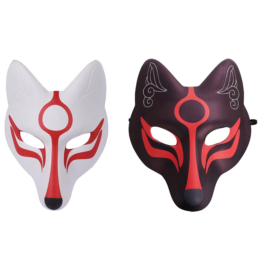 2pcs Japanese Kitsune Fox Mask & Cat Mask Set - Full Face Kabuki Masks for Halloween, Cosplay, Masquerade Parties, Stage Performances & Theatrical Drama - Perfect for Anime Lovers & Costume Enthusiasts