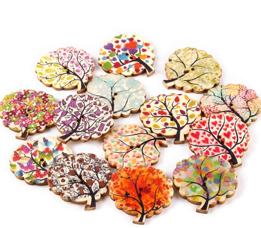 AKOAK 50 Pcs Natural Wood Buttons - 2-Hole DIY Craft Buttons with Tree, Heart & Flower Designs for Sewing, Scrapbooking, Home Decor - Perfect for DIY Projects, Gift Wrapping & Handmade Cards