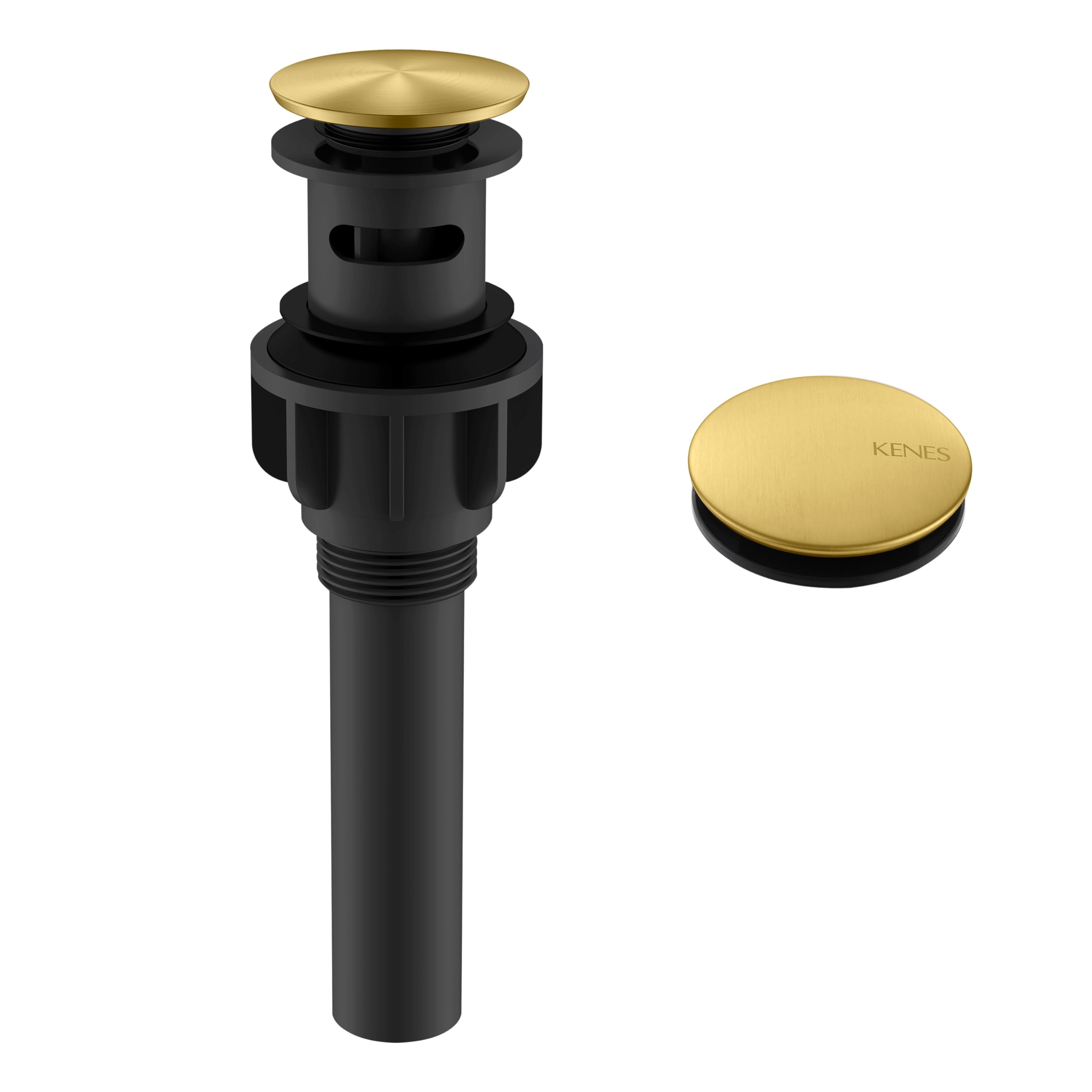 Kenes Brushed Gold Pop-Up Bathroom Sink Drain with Overflow & Strainer - Premium Vessel Vanity Drain Stopper for Modern Bathroom & Lavatory Sinks (Perfect for Home, Hotel, and Spa Renovations)