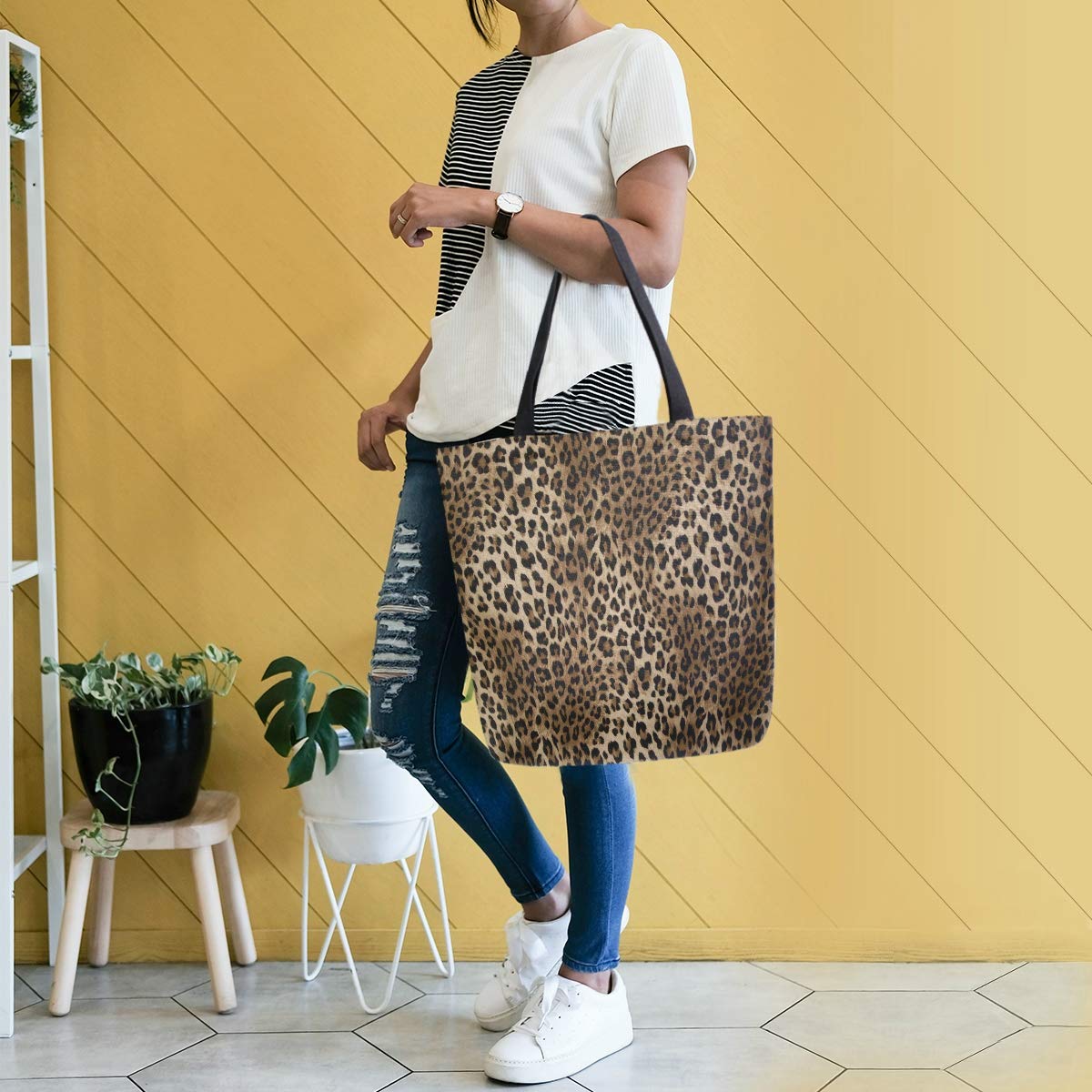 Pfrewn Sexy Leopard Print Extra Large Reusable Canvas Tote Bag - Heavy Duty Washable Grocery Shopping Bag for Beach, Travel & Daily Use