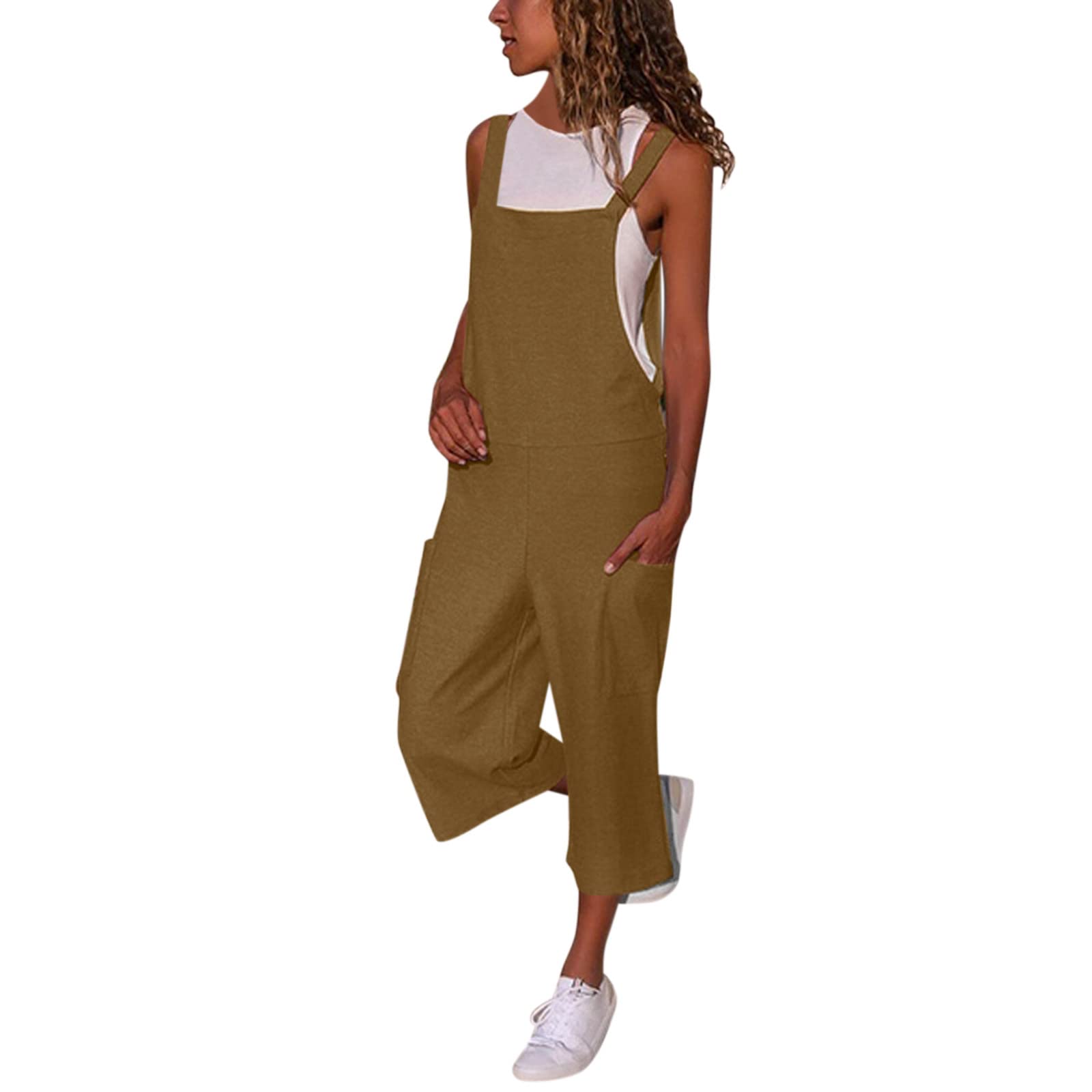 Women's Sleeveless Cargo Jumpsuit - Loose Fit Summer Romper with Pockets, Plus Size Casual Solid Spandex Outfit for Outdoor Activities, Travel & Streetwear Fashion
