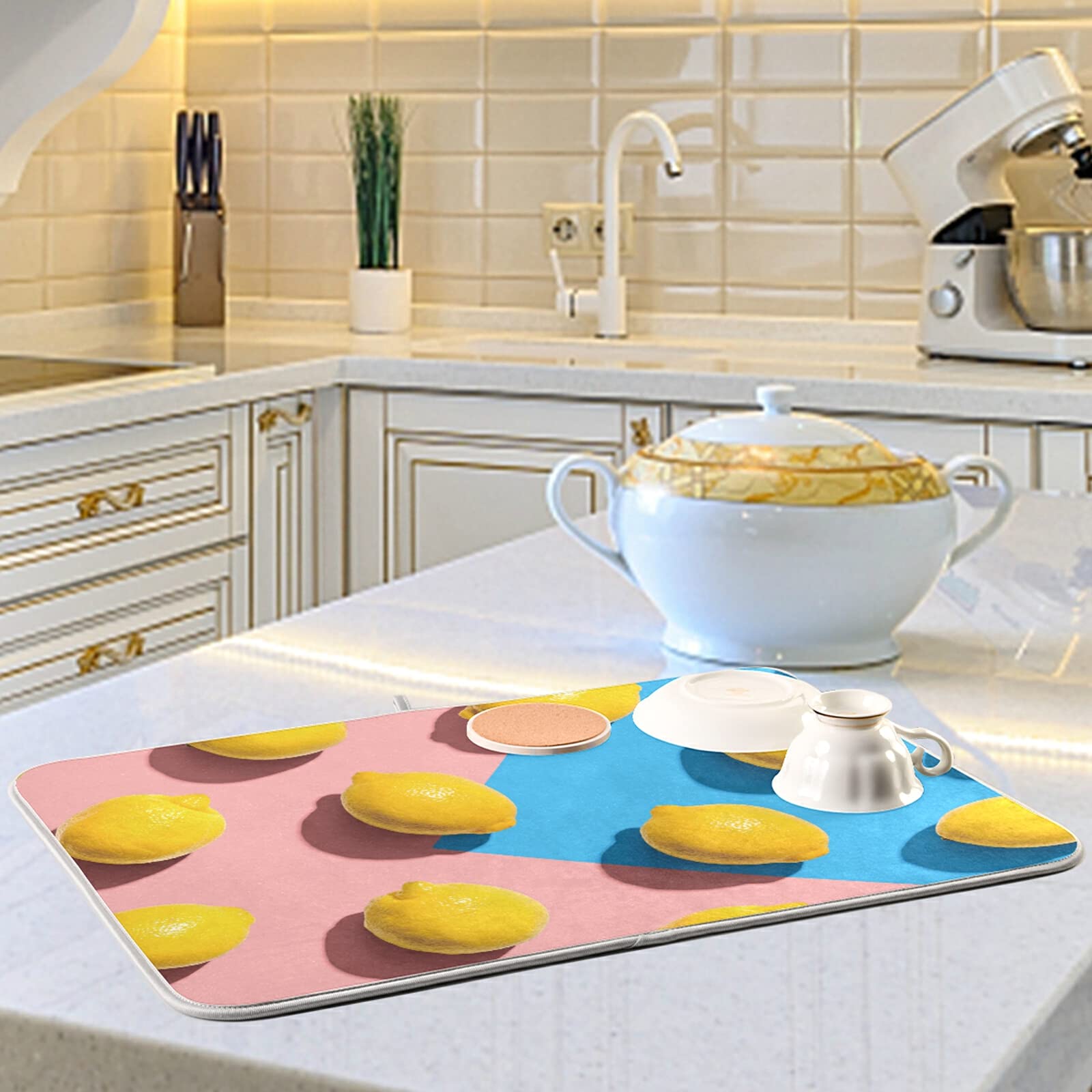 3D Lemon Fruit Kitchen Dish Drying Mat - 16x18 Inch Microfiber Reversible Drainer Rack Pad | Heat-Resistant, Washable Countertop Mat for Dishes, Cups & Utensils | Perfect for Kitchen Sink, Countertop & Dish Drainer Organization