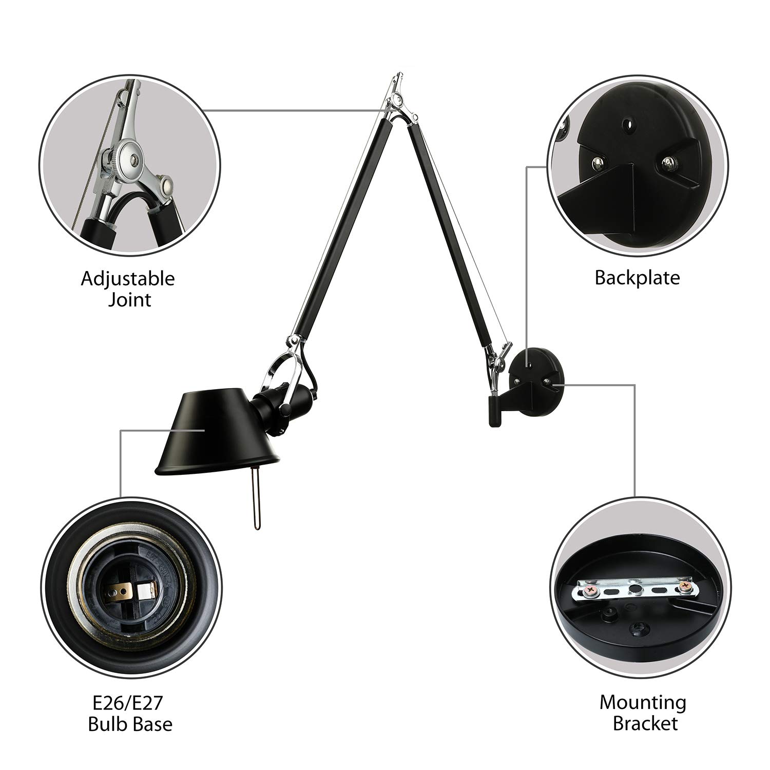 Adjustable Black LED Swing Arm Wall Lamp with Small Empire Shade - Modern 1 Light Wall Sconce for Study, Bedroom & Living Room - Perfect for Reading, Nightstand Lighting and Home Office Decor