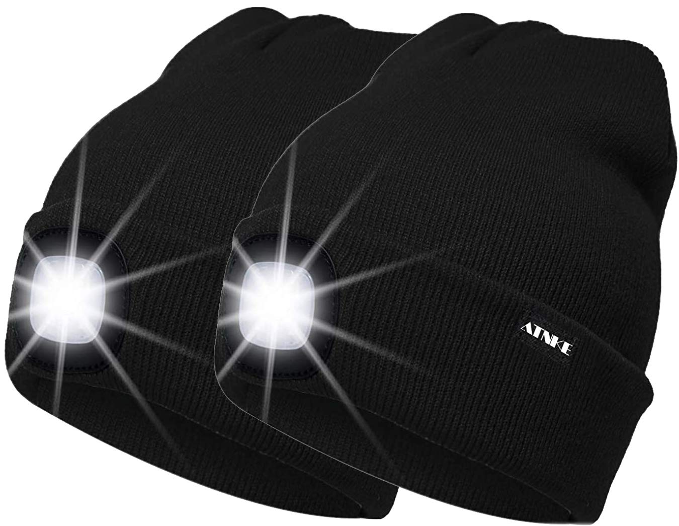 ATNKE 2 Pack USB Rechargeable LED Beanie Hat - Unisex Winter Running Cap with Ultra Bright 4 LED Lights, Waterproof & Multi-Color Options - Perfect for Night Jogging, Camping, and Outdoor Activities