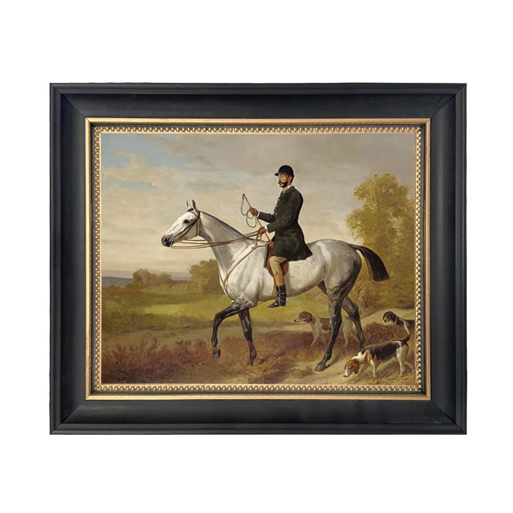 Huntsman with Horse and Hounds - 8x10 Framed Oil Painting Print on Canvas - Black & Gold Wood Frame - Wall Art for Living Room, Office & Country Home Decor