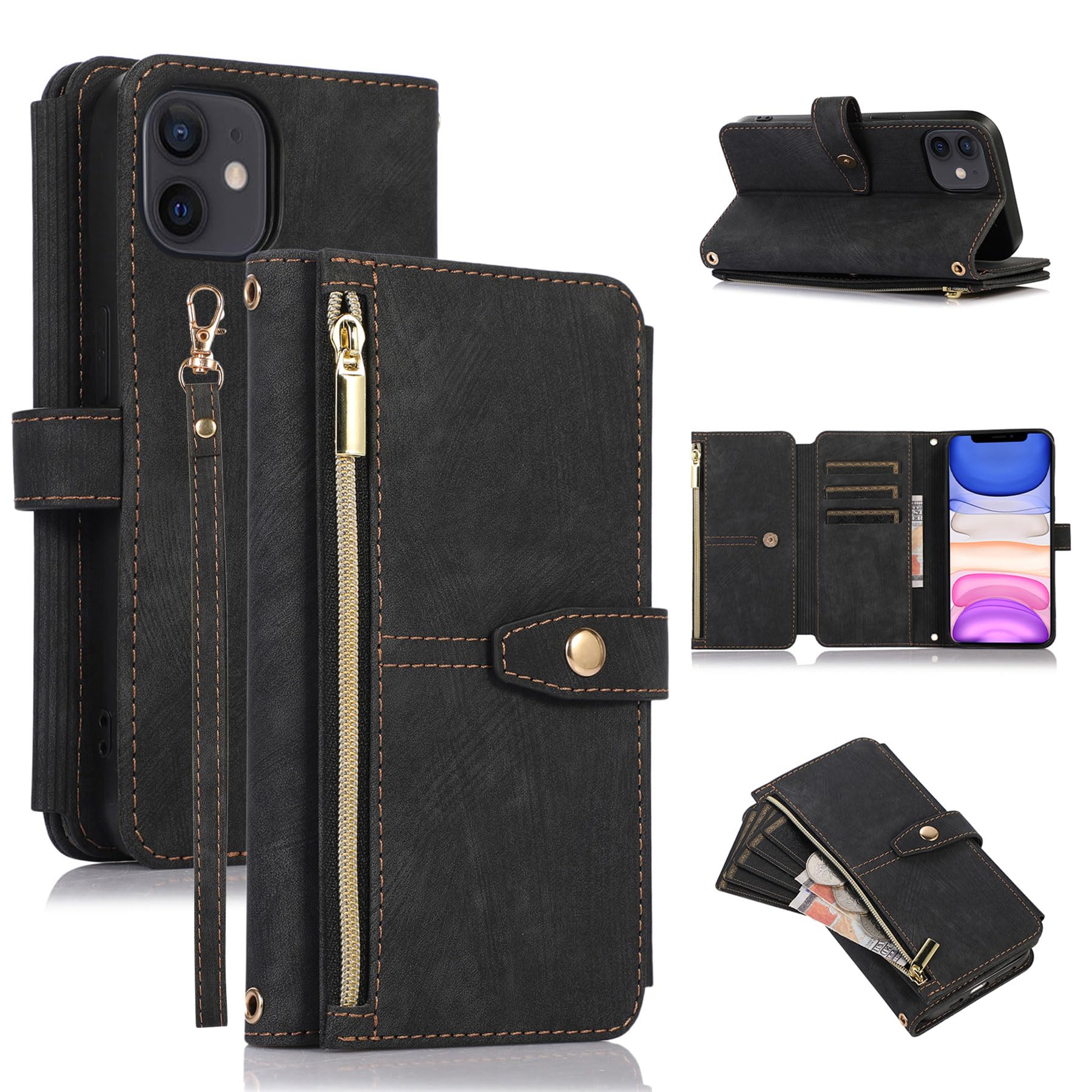 Premium Zipper Leather Wallet Case for iPhone X/Xs with Wrist Strap - RFID Blocking Flip Cover for Cards & Cash (Black) | Perfect for Travel, Shopping & Everyday Use