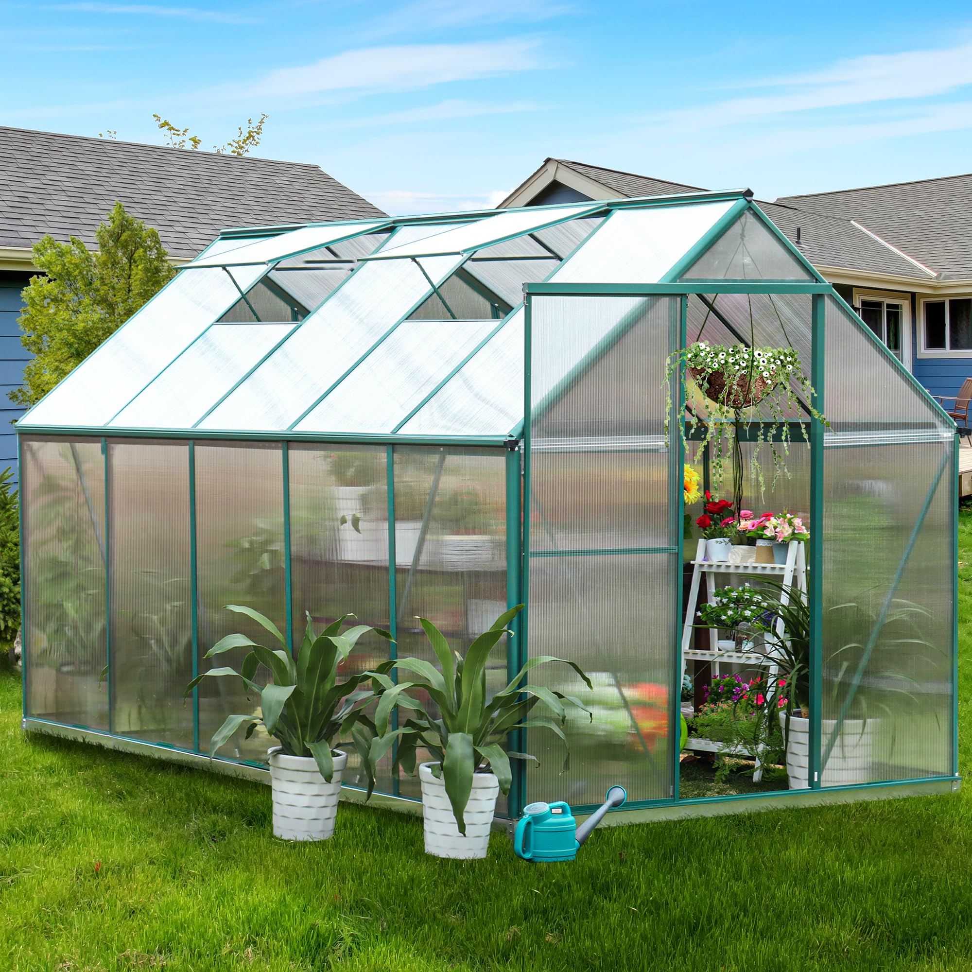 6.2x10.2 FT Heavy Duty Walk-In Greenhouse - Polycarbonate Panels & Aluminum Frame with 2 Vent Windows & Lockable Door - Perfect for Outdoor Gardening, Backyard Plant Nursery & Year-Round Growing
