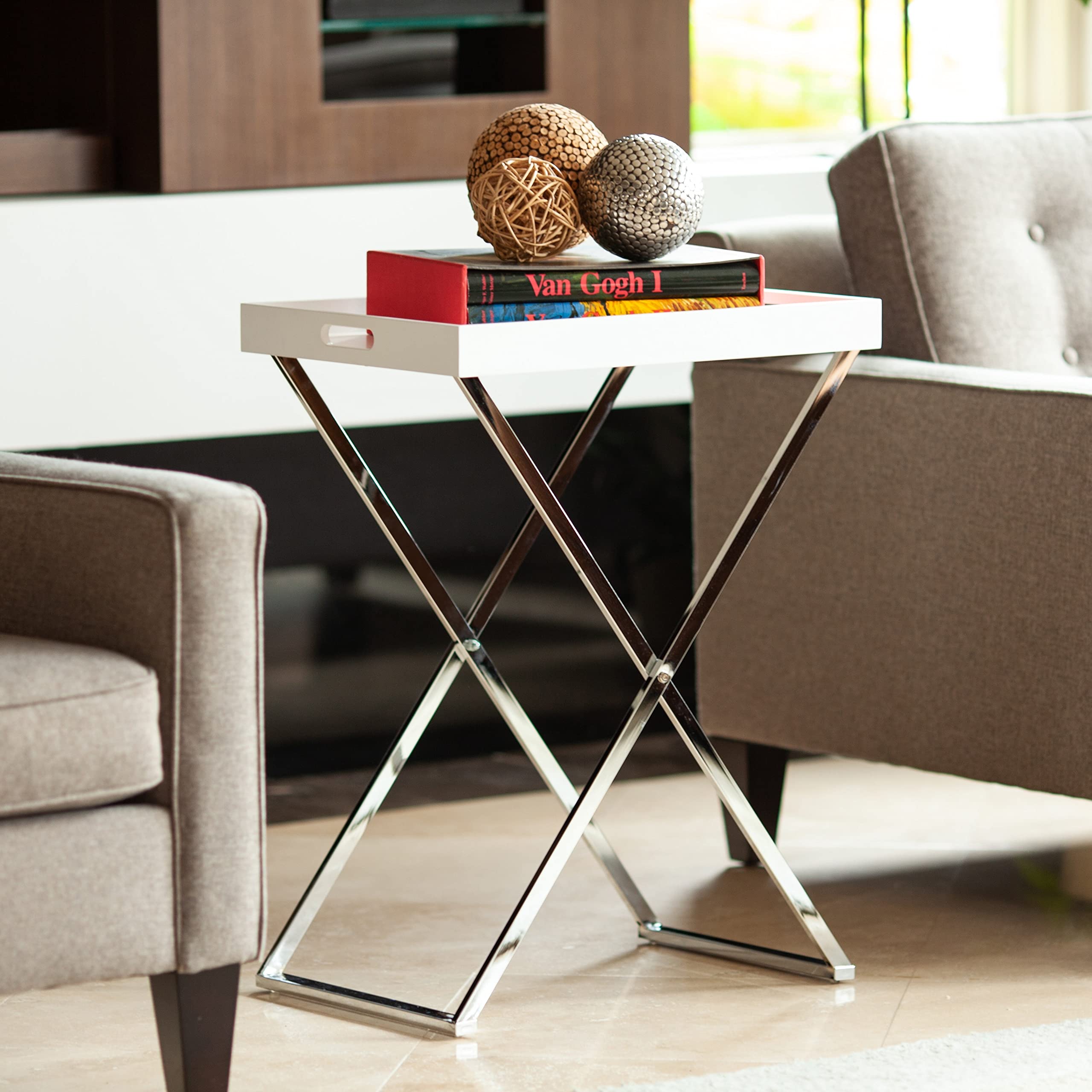 Modern White & Chrome Folding Side Table with Removable Tray - Contemporary Rectangular Design for Living Room, Patio, or Small Spaces