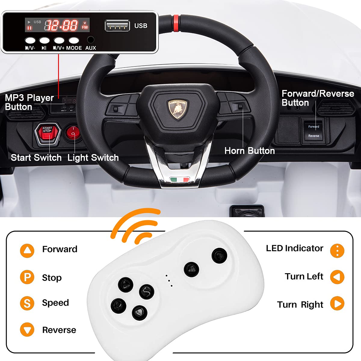 Licensed Lamborghini Electric Ride-On Car for Kids with LED Lights, Horn, MP3 Music Player, Opening Doors & Spring Suspension - Perfect for Birthday Gifts, Outdoor Play & Pretend Driving Fun