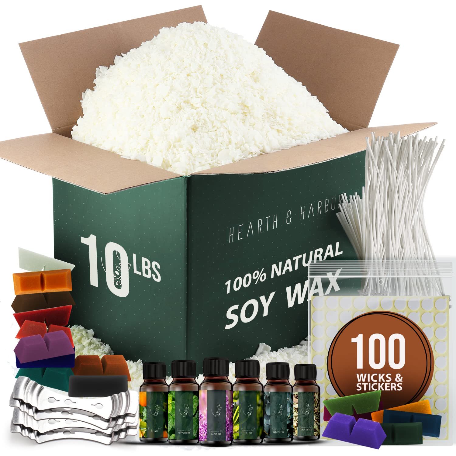 Premium Natural Soy Wax Flakes for Candle Making - 10 lb Bag with 50 Cotton Wicks, 50 Wick Stickers & 4 Centering Tools | DIY Home Candles, Gifts & Aromatherapy Supplies