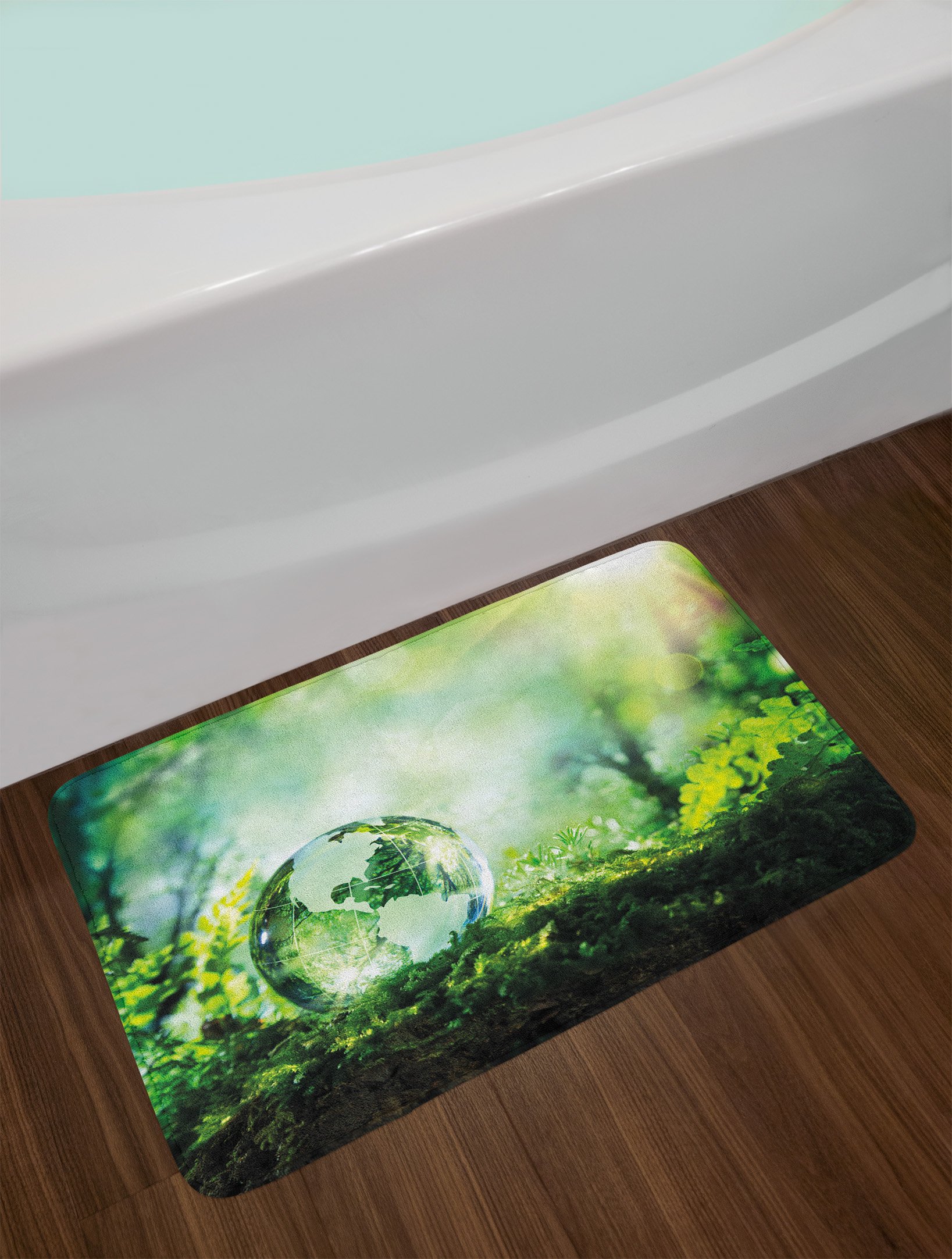 Ambesonne World Bath Mat - Non-Slip Plush Bathroom Rug with Globe Design on Green Grass, Eco-Friendly Decor 30