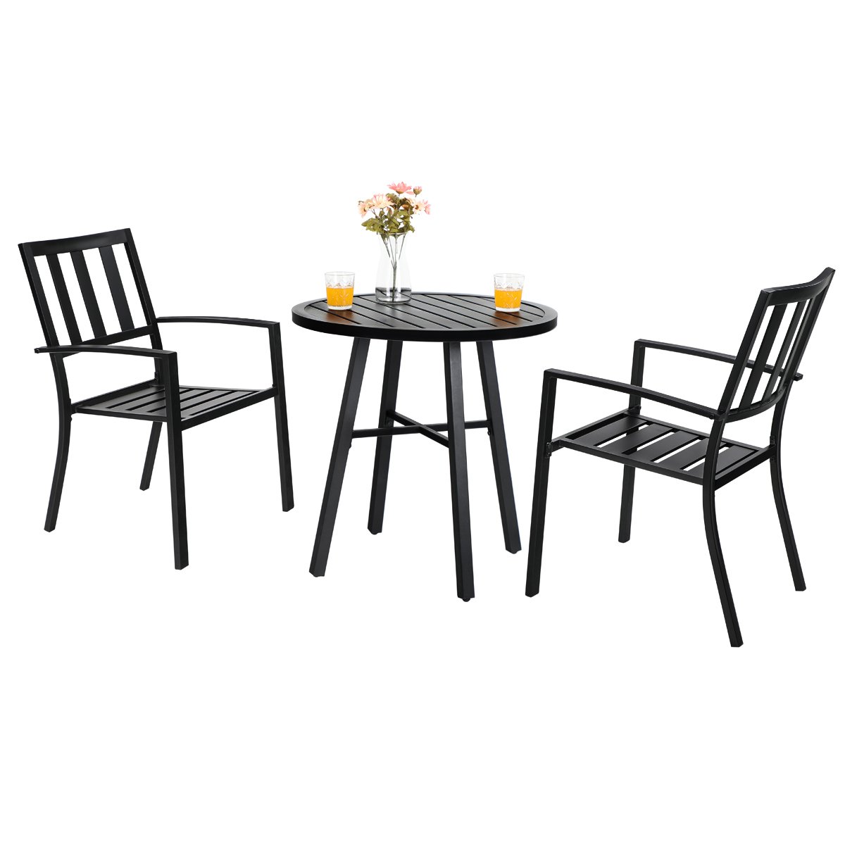 PHI VILLA 3-Piece Outdoor Bistro Set - Slatted Metal Round Table & 2 Chairs - Patio Dining Furniture for Porch, Deck, Garden & Backyard - Perfect for Morning Coffee & Outdoor Entertaining