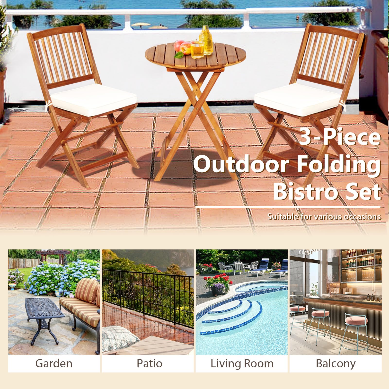 KOMFOTTEU Foldable Bistro Set, 40kg Capacity Table & 160kg Capacity Chairs with Cushions, Outdoor Garden Patio Furniture Set for Balcony, Terrace or Backyard (Beige Cushions) - Perfect for Small Spaces, Coffee Breaks & Relaxing Outdoors