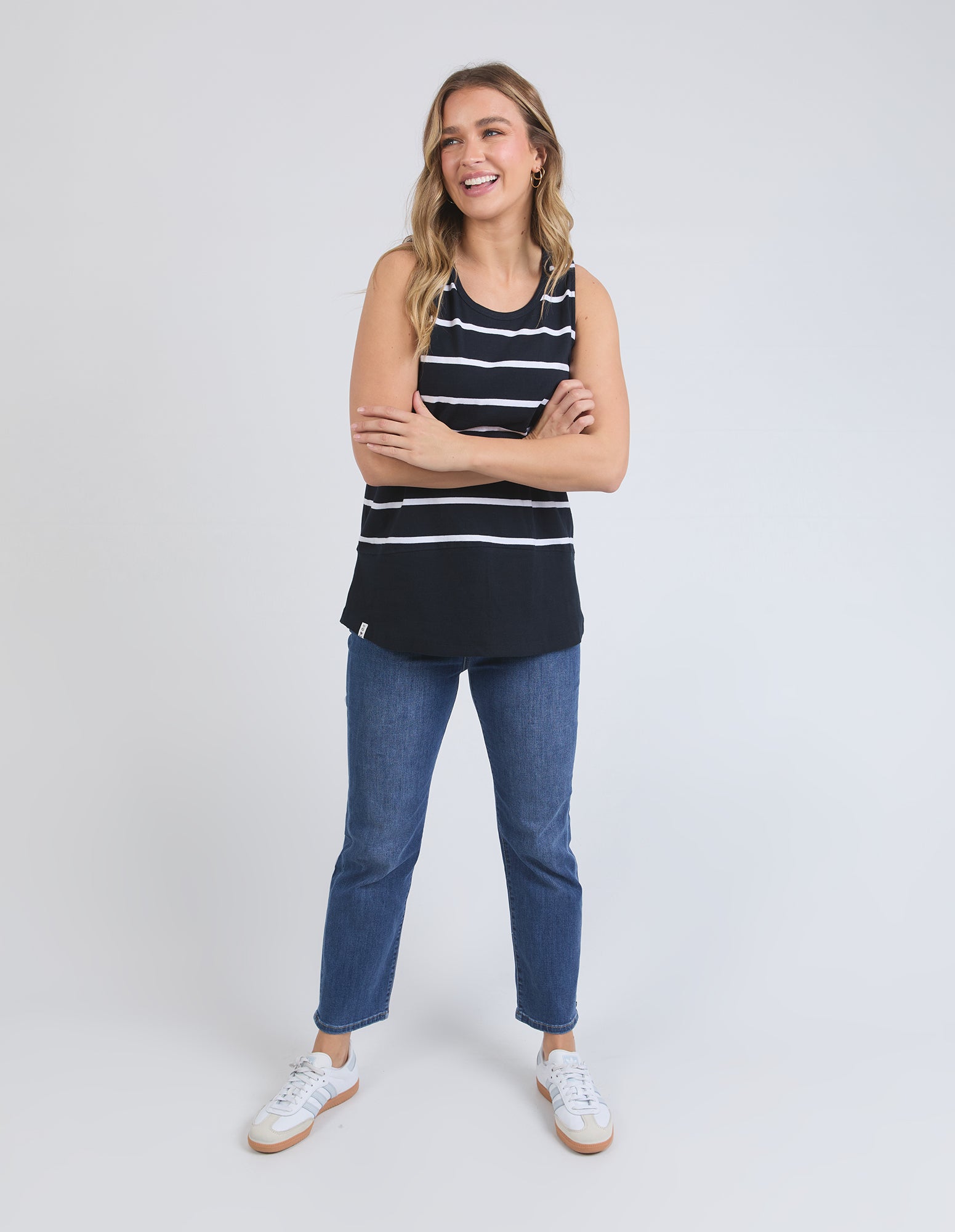 Elm Rib Tank Top for Women - Navy Blue with White Stripe - Casual Summer T-Shirt for Streetwear, Beach, and Everyday Outfits