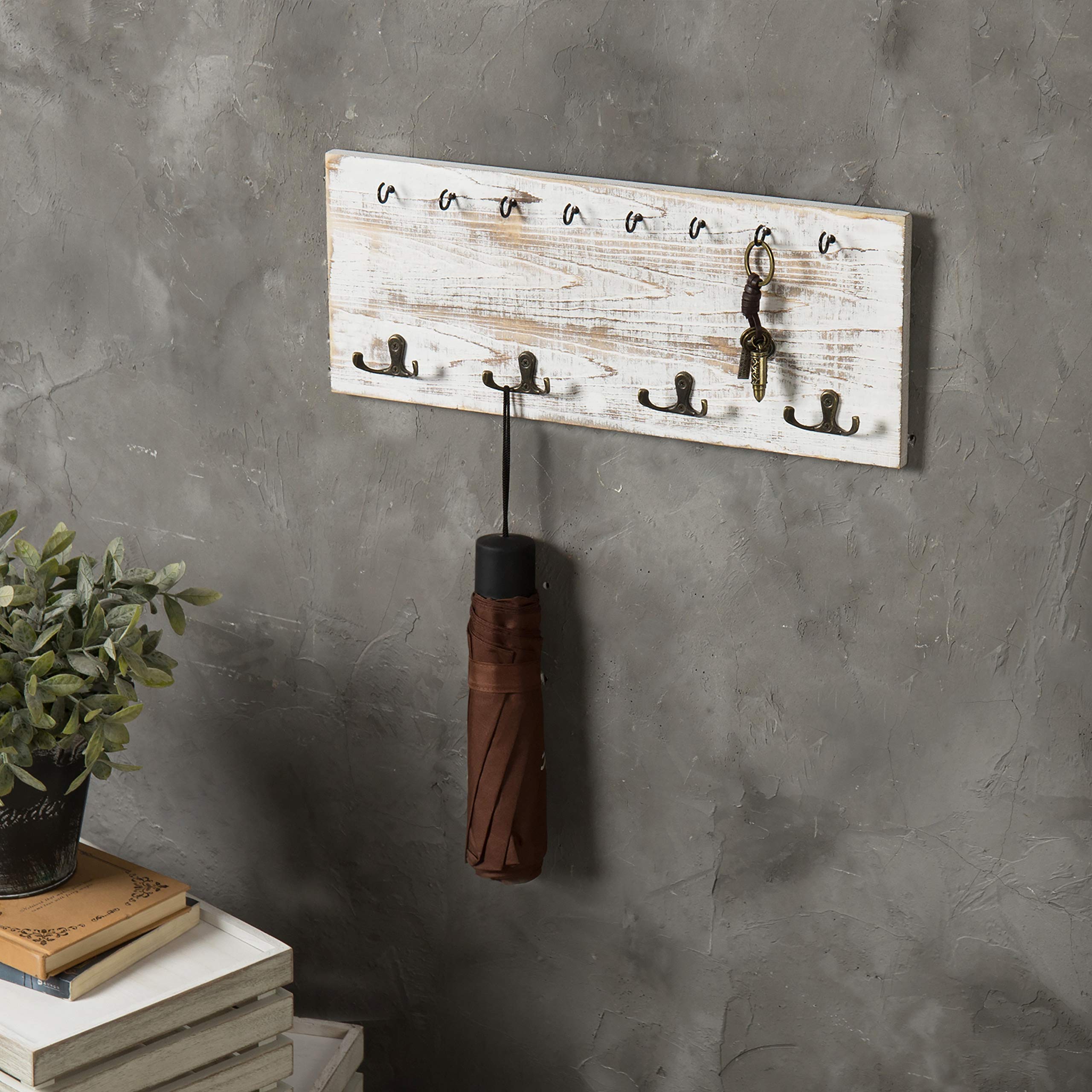 Farmhouse Style Whitewashed Wood Wall Organizer - 16 Hook Coat & Key Holder Rack for Entryway, Hallway or Mudroom - Rustic Home Decor Storage Solution for Jackets, Hats, Bags & Keys