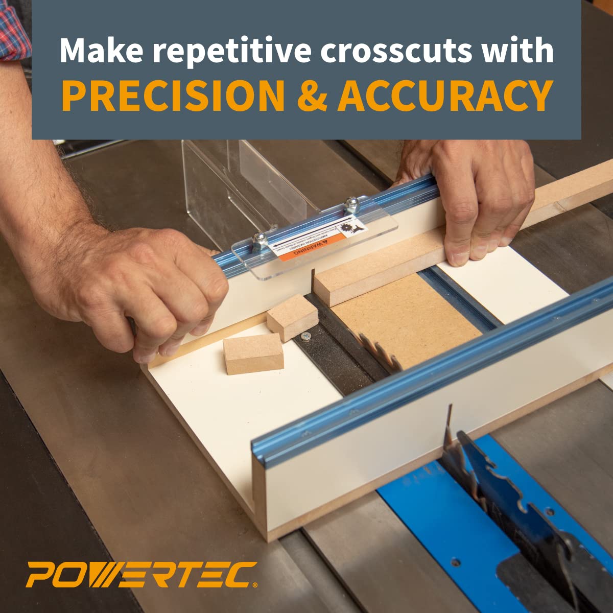 POWERTEC Table Saw Crosscut Sled Kit with Blade Guard - Aluminum Miter Bar, Miter Slot Stop & MDF Zero-Clearance Fence - Perfect for Woodworking Projects, DIY Furniture Making & Precision Cutting (71590)
