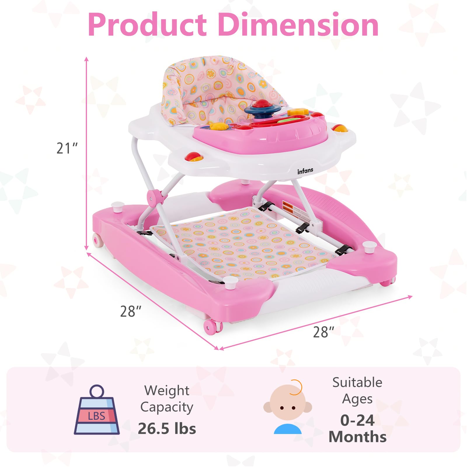 INFANS 5-in-1 Baby Walker for Toddlers - Adjustable Height Learning Walker with Removable Music Tray, Washable Seat Cushion & Foldable Design - Safe Rocker Bouncer Activity Center for Boys & Girls (Pink) - Perfect for Home Playtime & Early Childhood Development