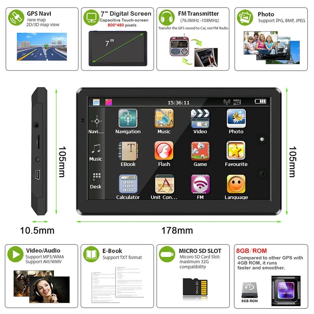 7 Inch HD Touch Screen GPS Car Navigation System - Heavy Duty Truck GPS with Free Lifetime Map Updates for UK & Europe 2024 - Multi-Language Voice Guidance - Perfect for Cars, Trucks & Commercial Vehicles