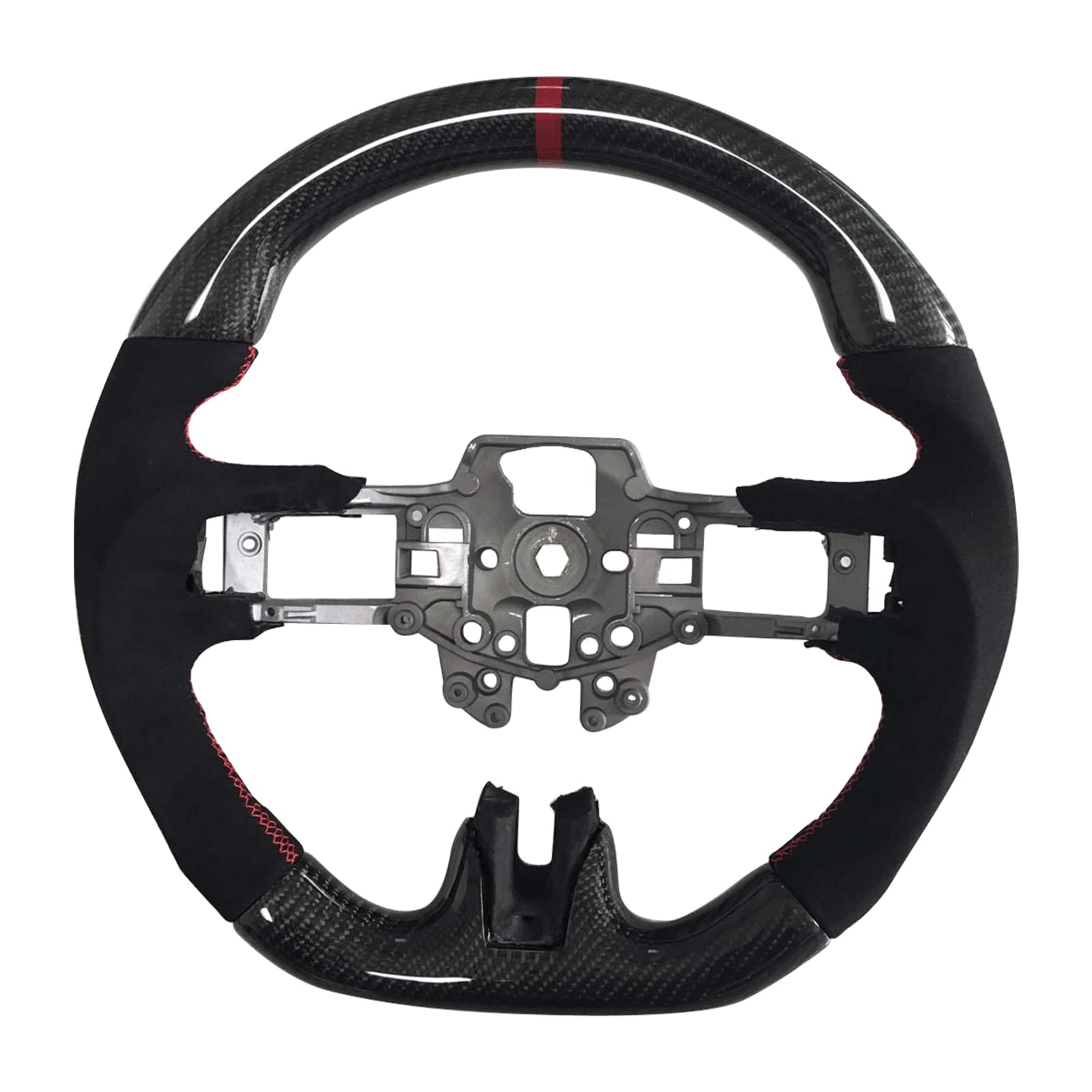 IKON MOTORSPORTS V3 Style Carbon Fiber Steering Wheel with Red Synthetic Suede Ring - Compatible with 2015-2017 Ford Mustang | Perfect for Racing, Drifting & Performance Driving