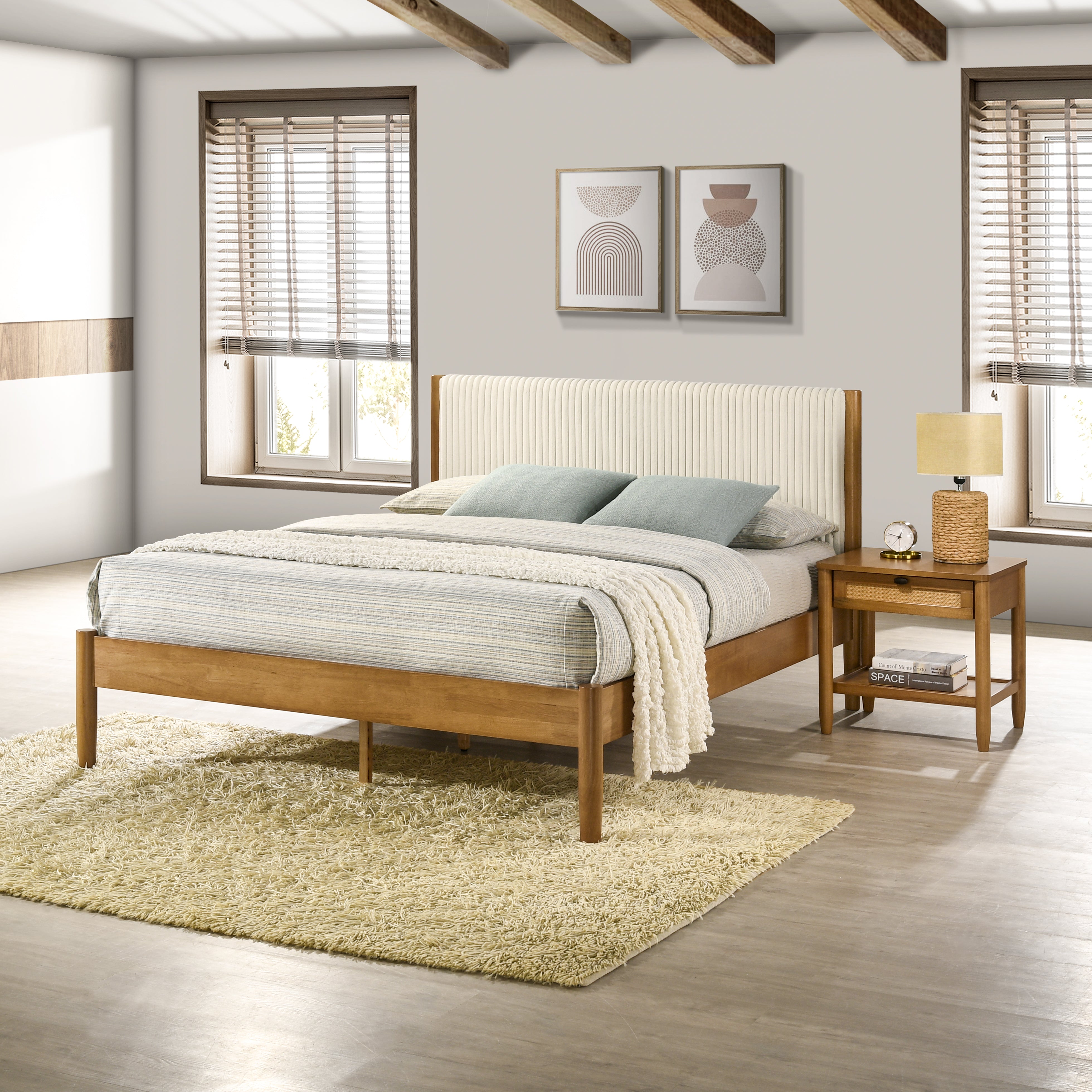 Roundhill Furniture Vichy 5-Piece Rubberwood Bedroom Set with Upholstered Queen Bed, Dresser, Mirror, Nightstand & Chest - Complete Bedroom Furniture for Master Bedroom, Guest Room or Apartment