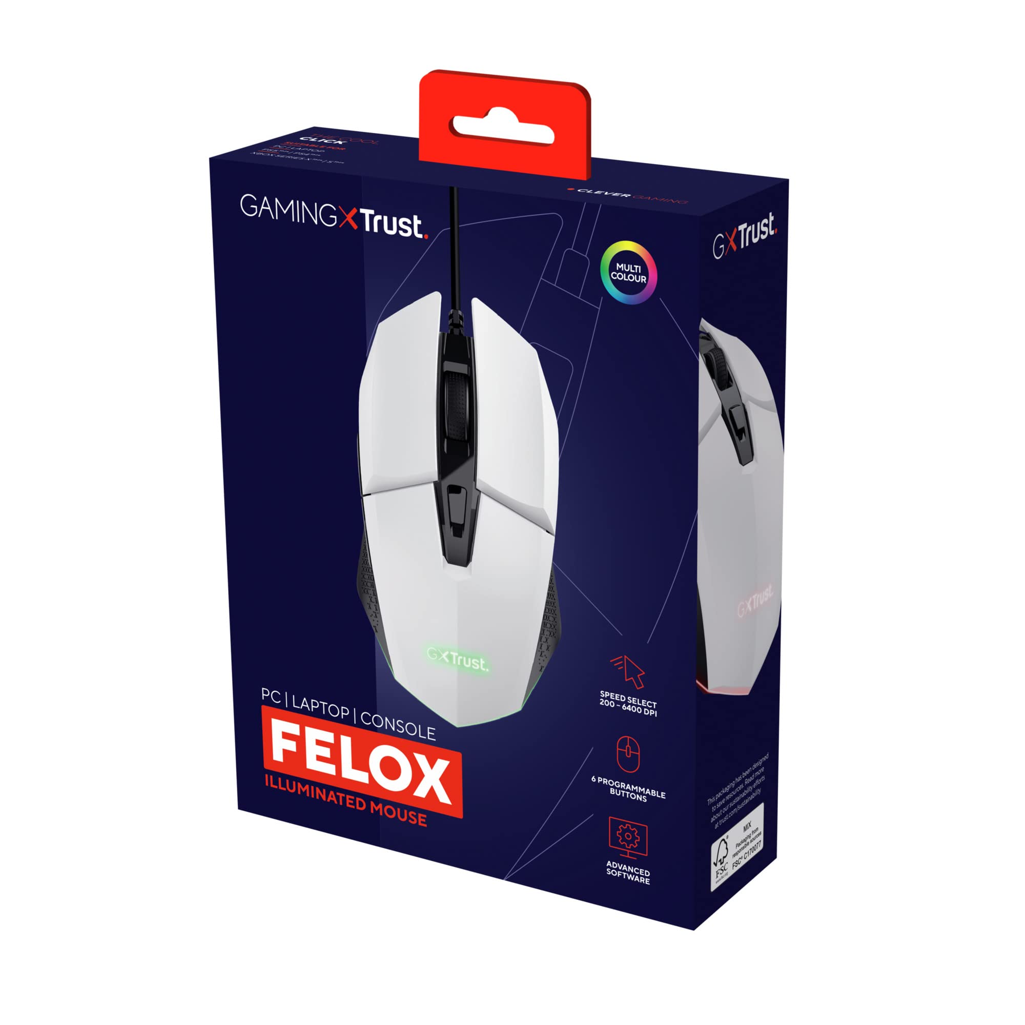 Trust Gaming GXT 109W Felox Gaming Mouse - 6 Programmable Buttons, RGB LED Lighting, 200-6400 DPI Adjustable, 150cm USB Cable, Built-in Software for PC/Laptop (White) - Perfect for FPS, MOBA & MMO Gaming