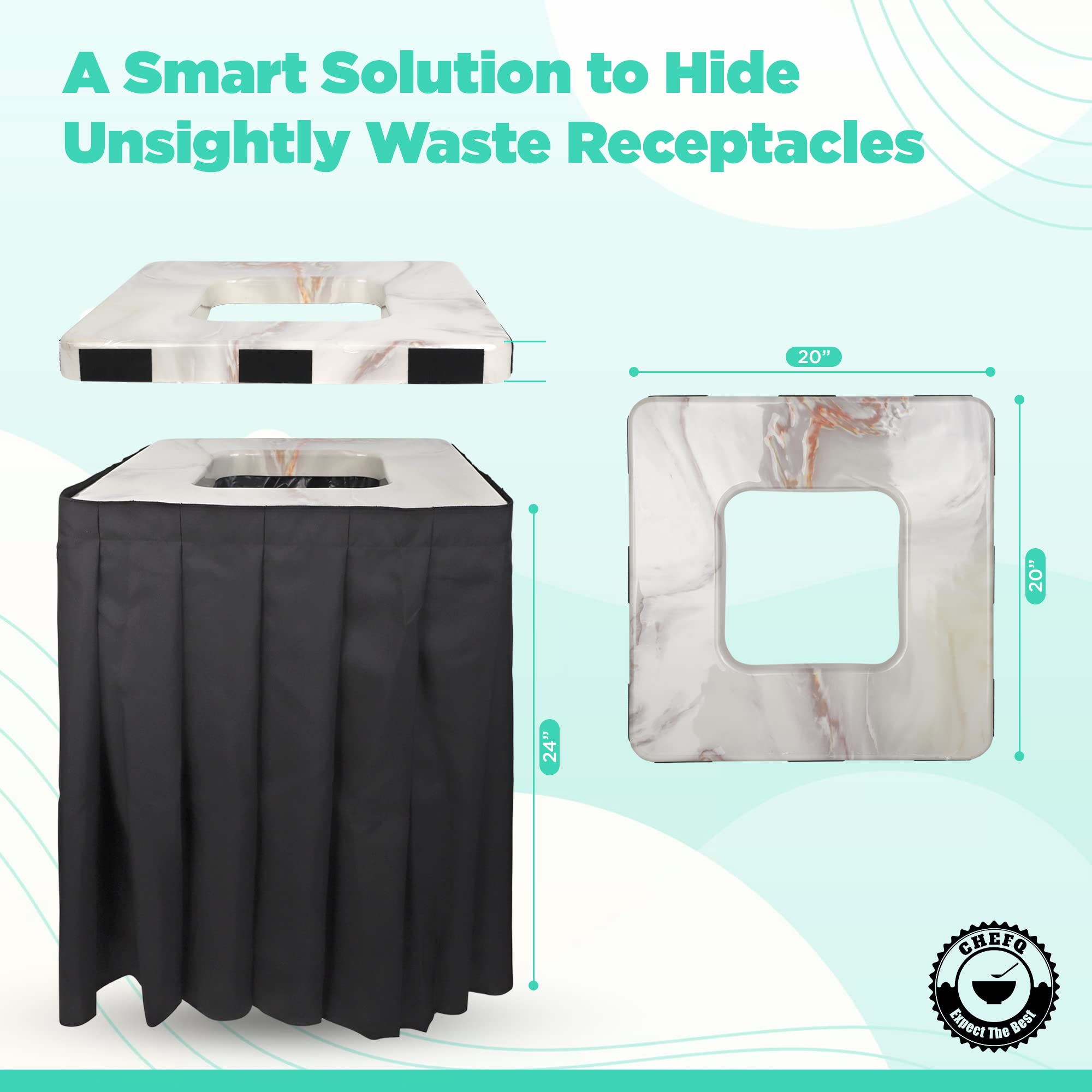 Elegant Marble Design Square Garbage Can Cover - Solid Pleated Skirt Topper for 32-35 Gallon Indoor Trash Bins & Waste Containers Without Wheels - Perfect for Kitchen, Bathroom, Birthday Parties & Home Decor (Marble Top Black Skirt) - Ideal for Residential, Office & Event Use
