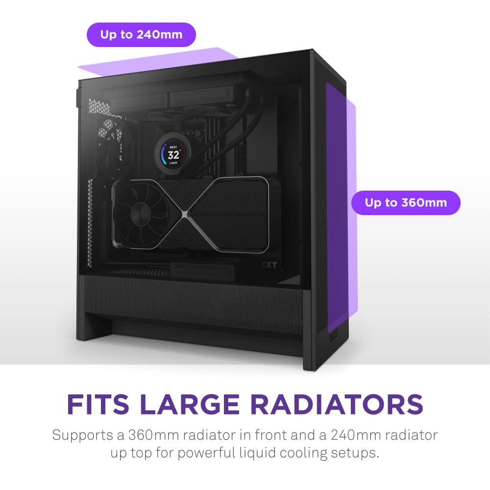 NZXT H5 Flow 2024 Compact ATX Mid-Tower PC Gaming Case - High Airflow Design with 2 x 120mm Fans - Supports 360mm Front & 240mm Top Radiators - Advanced Cable Management & Tempered Glass Side Panel - Sleek Black Finish - Perfect for Gaming Rigs, Streaming Setups, and Custom Water Cooling Builds