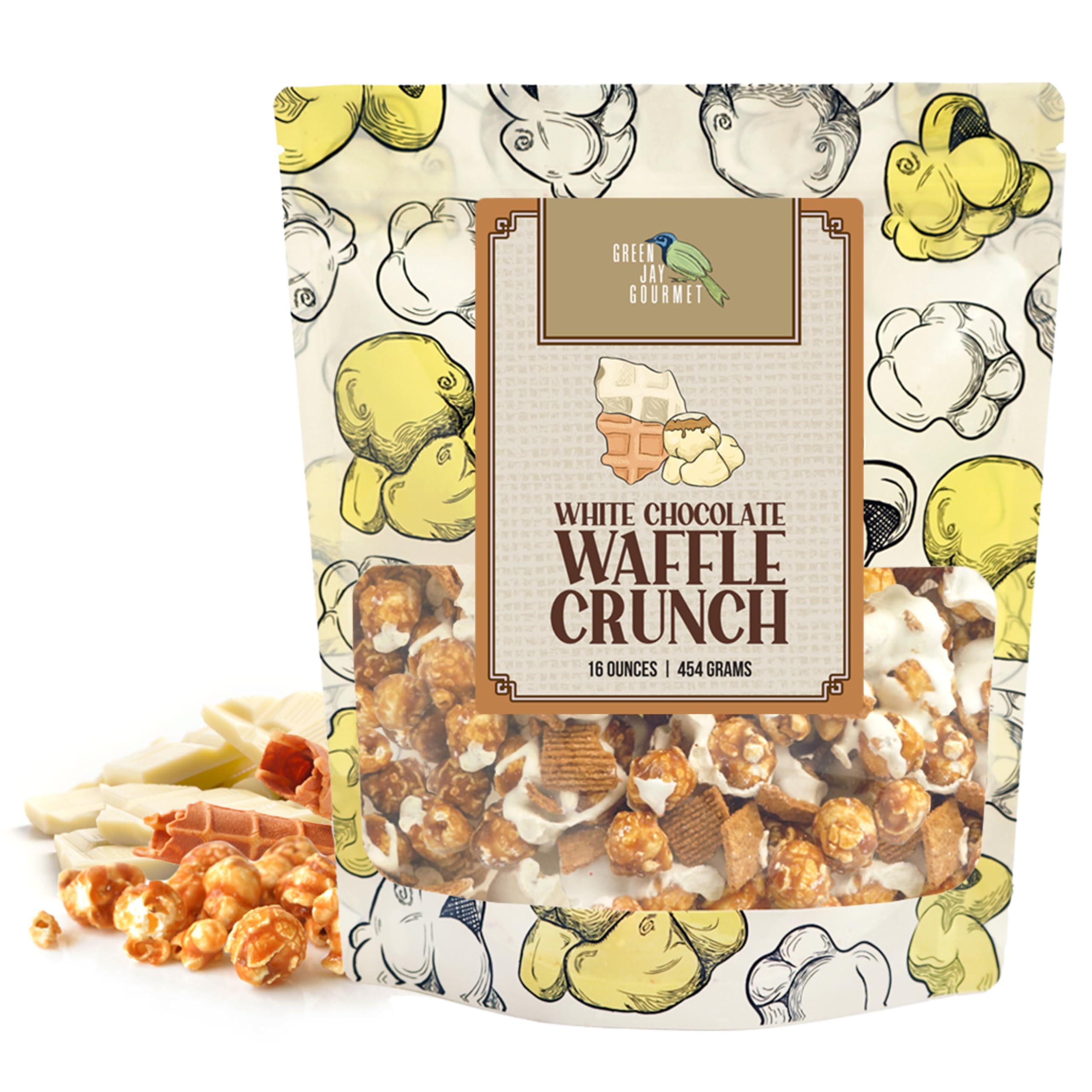 Green Jay Gourmet White Chocolate Waffle Crunch Caramel Popcorn - Handmade Fresh Caramel Corn with Waffle Cones Dipped in White Chocolate - Premium Gift for Chocolate Lovers - 16oz (Perfect for Movie Nights, Birthday Gifts & Holiday Treats)