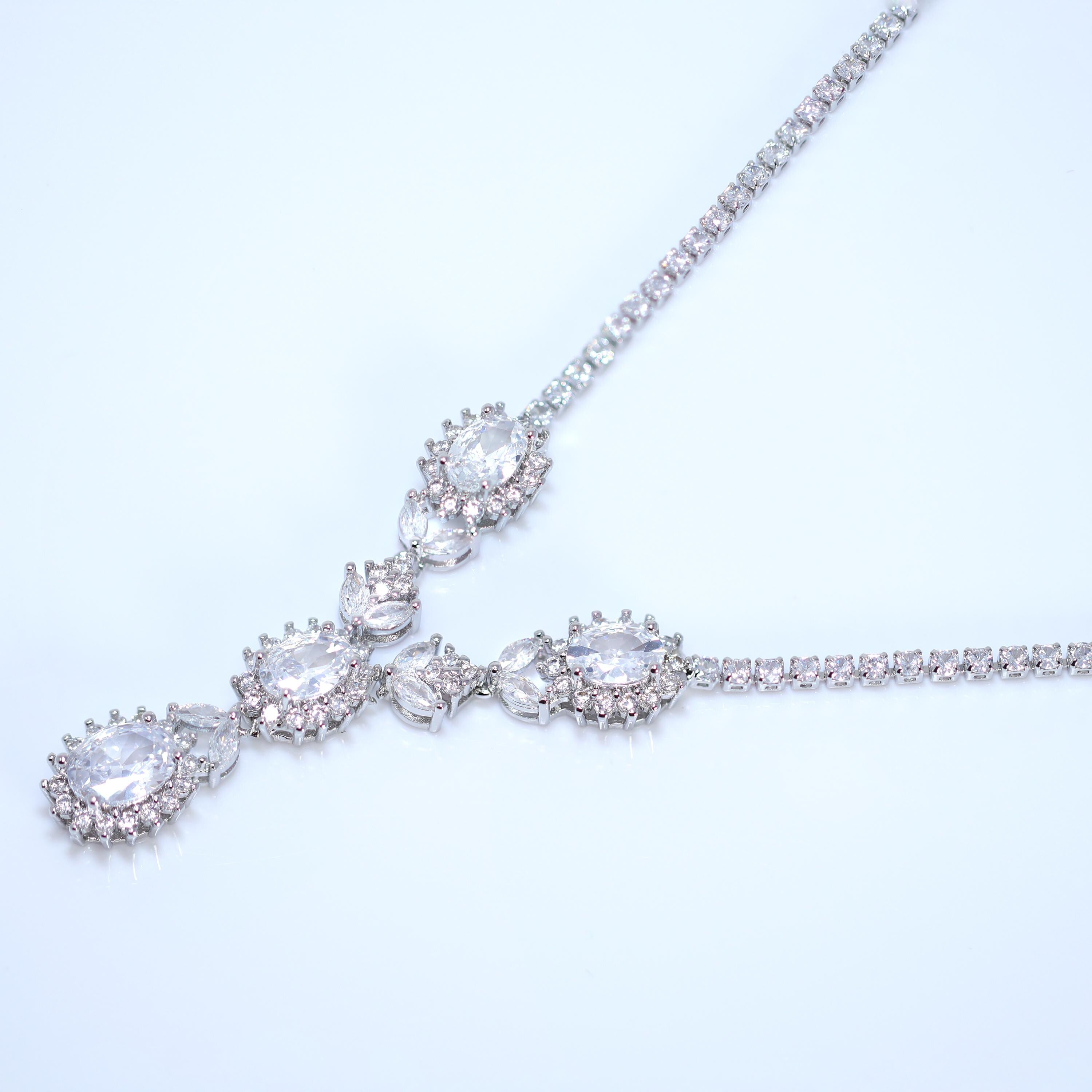Swarovski Crystal Bridal Necklace - Floral Serenity Leaves Design, Long Statement Jewelry Set with CZ Stones for Wedding, Party & Special Occasions