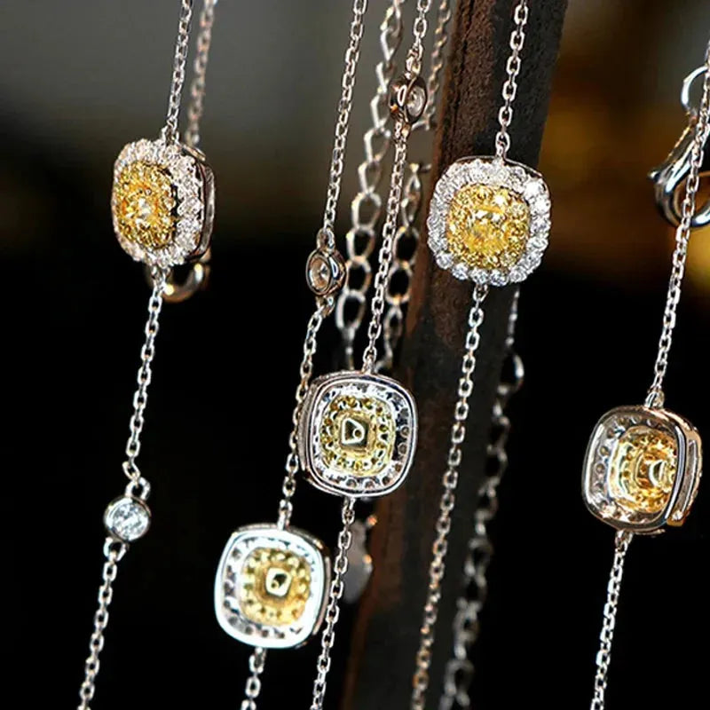 18K White Gold Bracelet with Real Natural Yellow Diamonds - Classic Square Design Fine Jewelry for Women - Perfect Gift for Birthday, Anniversary & Special Occasions