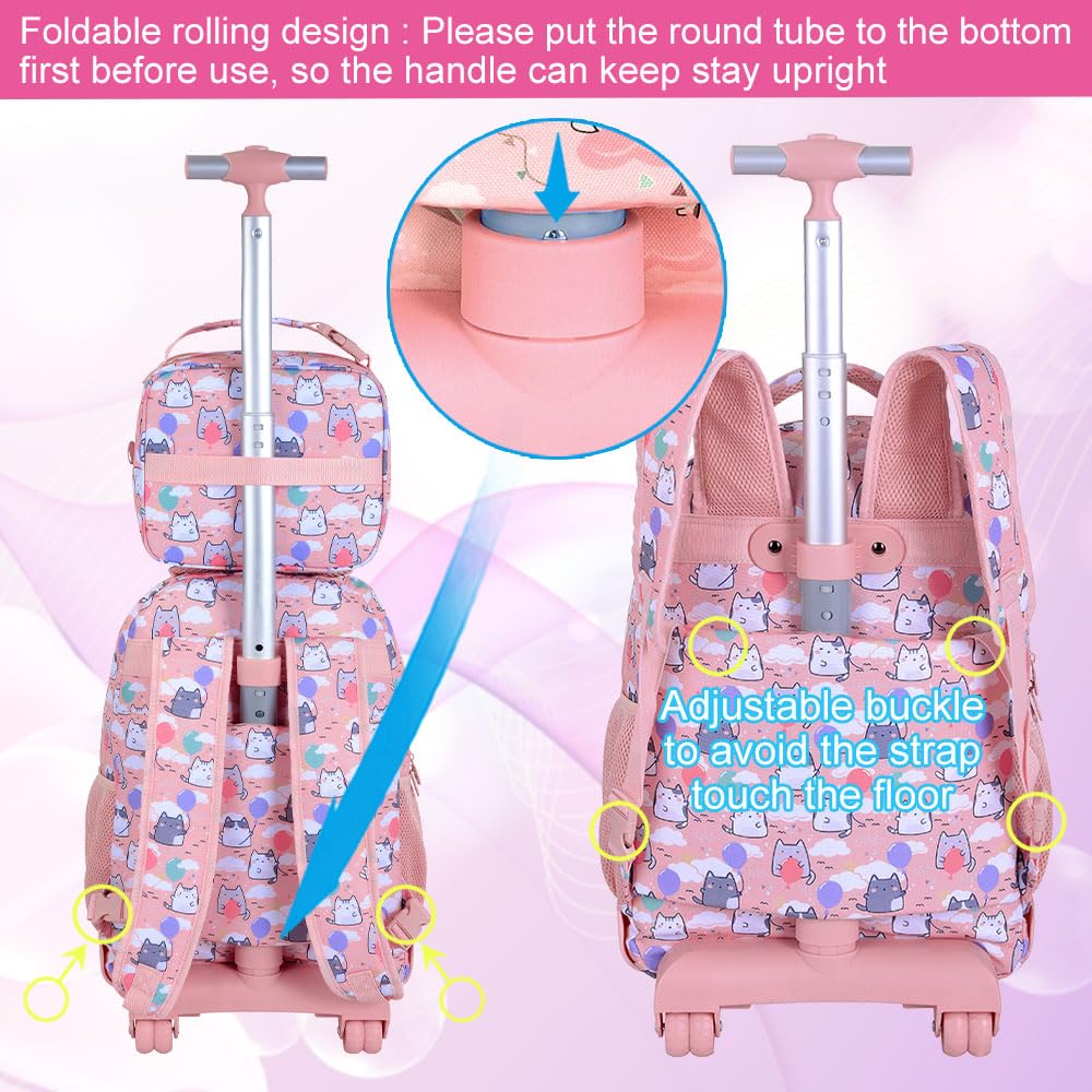 **Girls Rolling Backpack Set - 3-Piece Pink Cloud Cat Wheeled School Bag with Lunch Box for Kids & Teens | Perfect for School, Travel, and Daily Commute**
