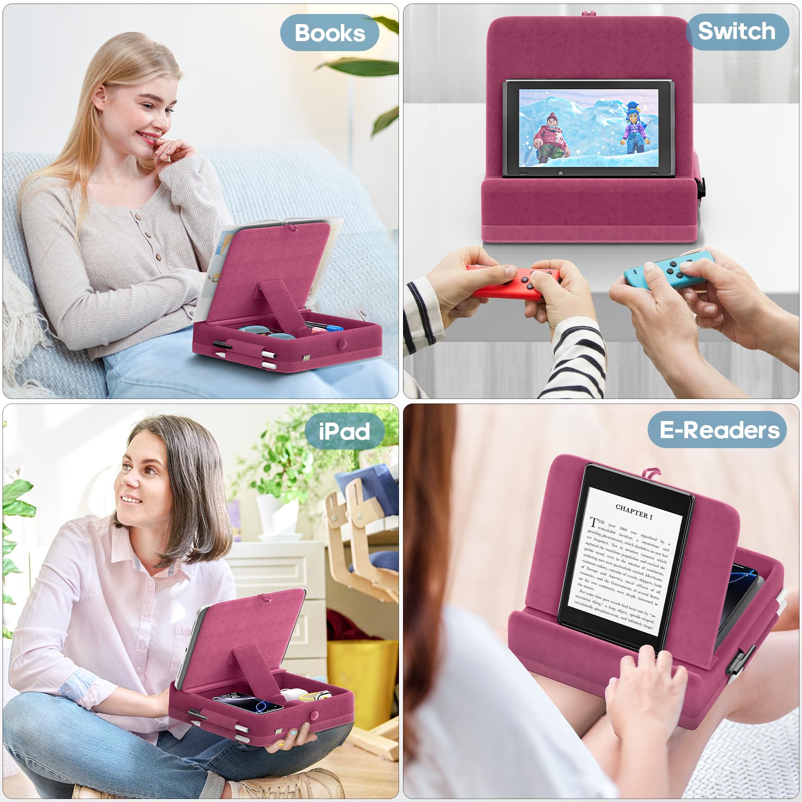 Foldable Tablet Pillow Stand with Storage - Adjustable Angle iPad Holder for Lap, Desk & Bed - Soft Pad Dock with Stylus Mount - Compatible with iPad Pro/Air/Mini, Kindle, Samsung Tablets & Phones (4-13