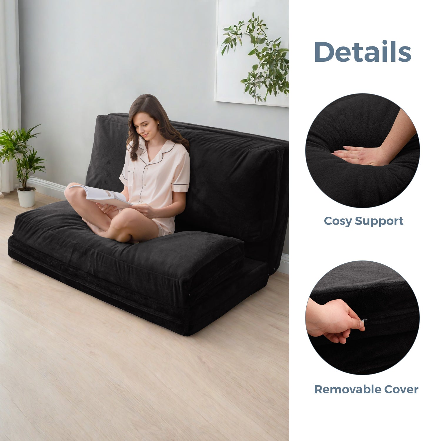 MAXYOYO Bean Bag Folding Sofa Bed - Extra Thick Floor Mattress with Washable Faux Fur Cover | Perfect for Living Room, Bedroom, Dorm & Game Room Lounging
