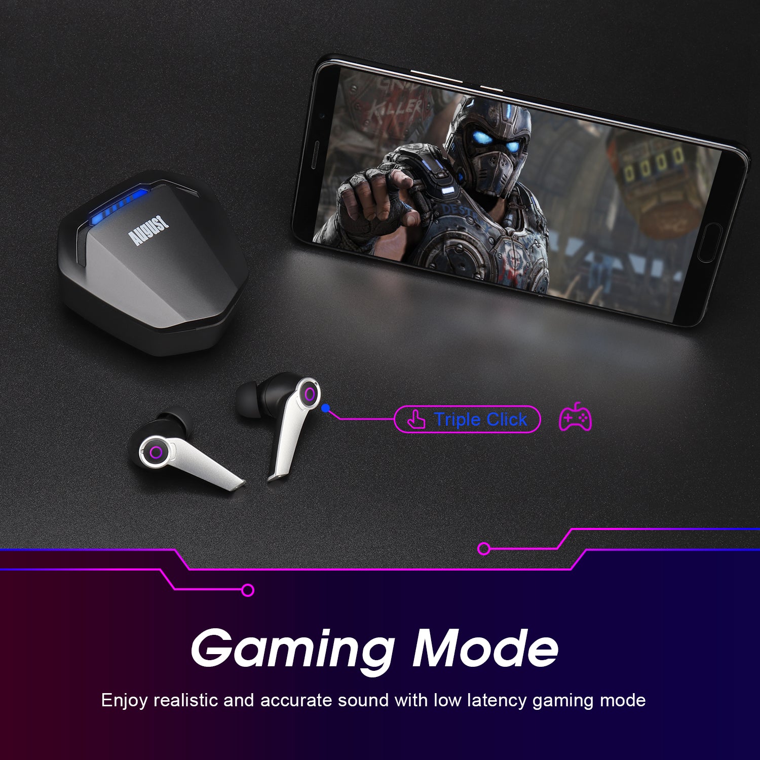 August EPG500 Bluetooth Gaming Earphones with Dual Microphone & USB-C Charging Case - Wireless Headphones for Mobile Gaming, Work Calls & Music Listening