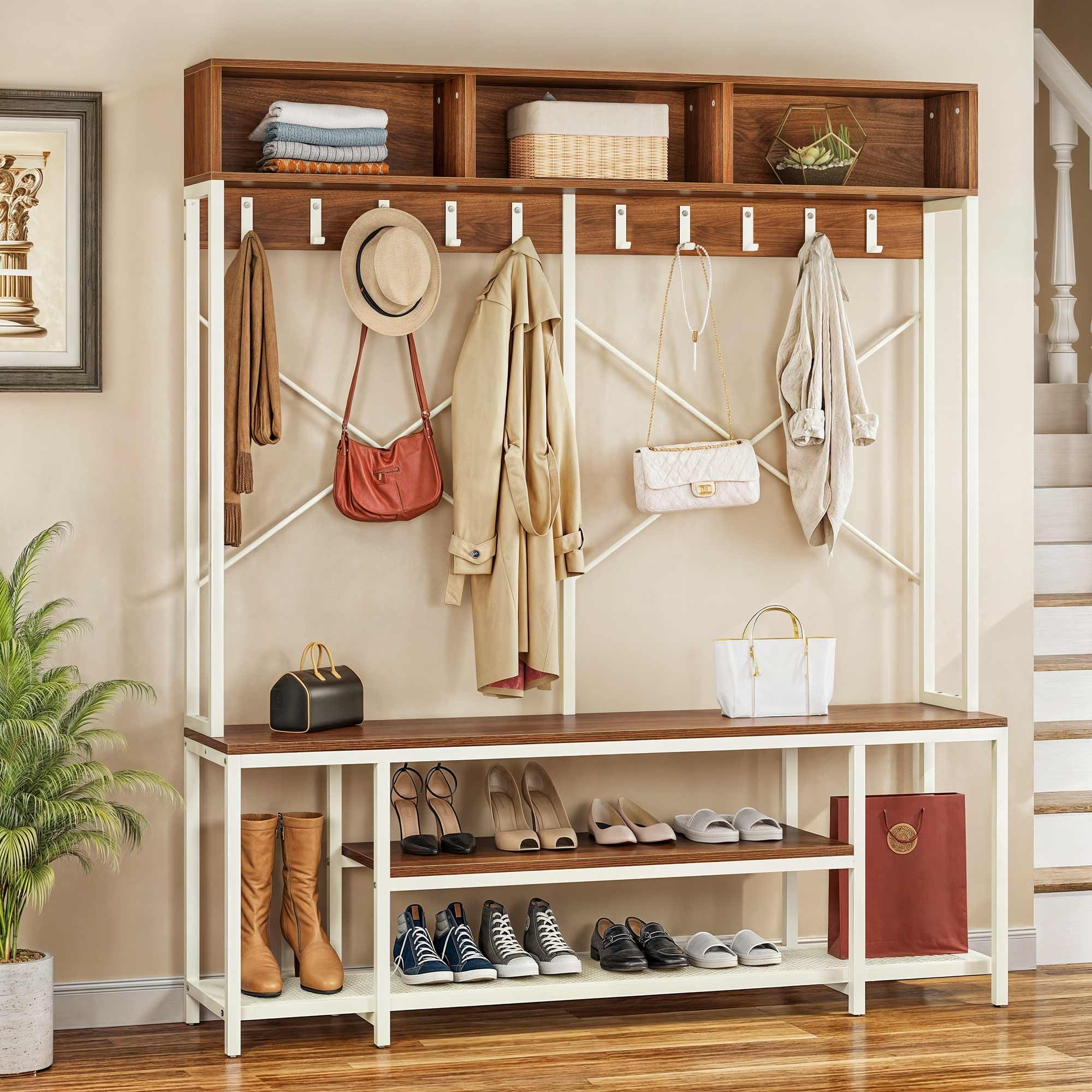YITAHOME 5-in-1 Industrial Entryway Bench with Coat Rack & Shoe Storage - Freestanding Hall Tree with 10 Hooks & Shelves for Hallway, Bedroom, Living Room - Walnut/White Finish - Perfect for Small Spaces & Home Organization