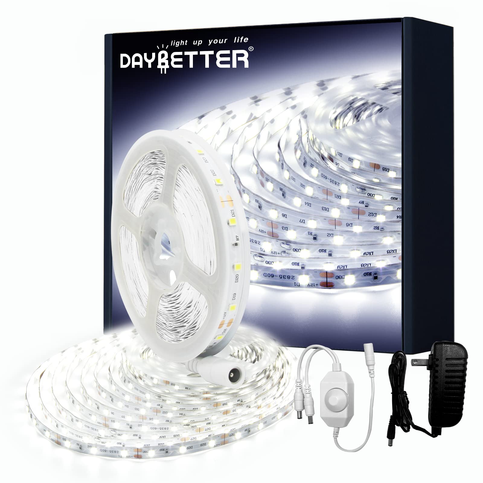 DAYBETTER White LED Strip Light 32.8ft - Dimmable 6500K 12V Tape Lights with 600 LEDs 2835 - Perfect for Bedroom, Kitchen, Mirror & Home Decoration - Ideal for Accent Lighting, Under Cabinet Lighting, and DIY Home Projects