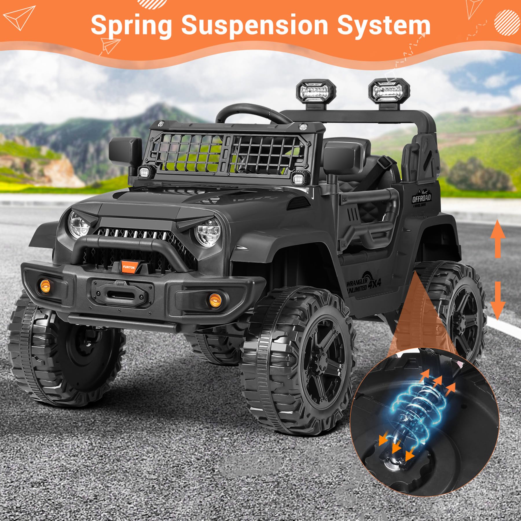 Kimbosmart 12V Kids Electric Ride-On Car with LED Lights, Horn, Radio & USB/AUX/MP3 - Black | Fun Outdoor Toy Vehicle for Toddlers & Children | Perfect for Birthday Gifts, Backyard Play & Park Adventures