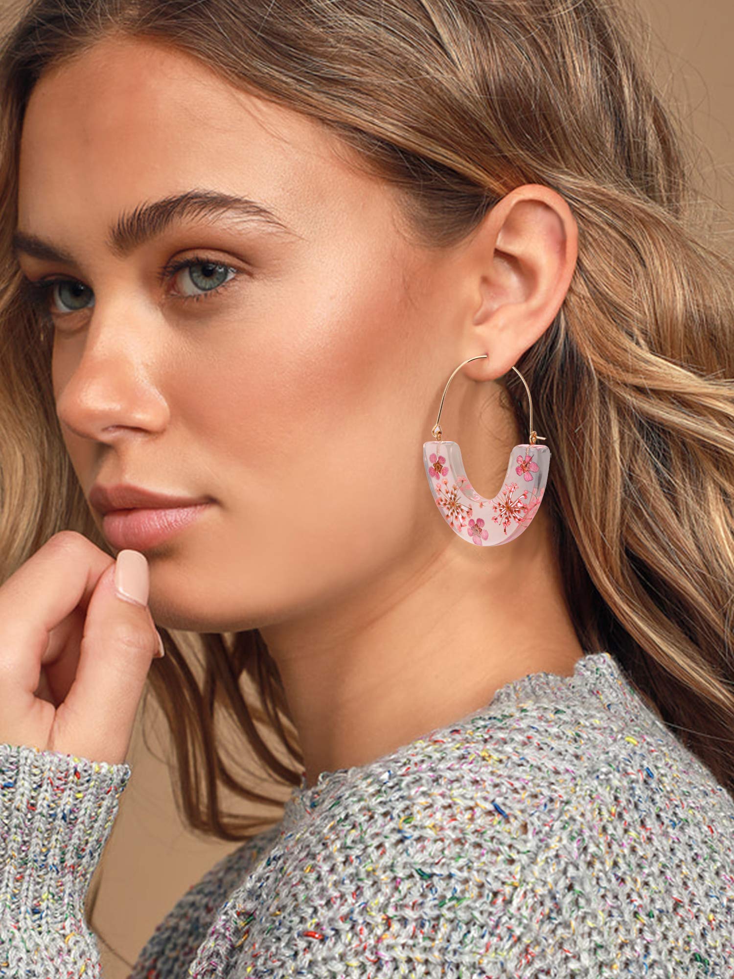 Pressed Flower Resin Hoop Earrings for Women - Real Floral Drop Dangle Statement Earrings | Birthday, Wedding, Party Gifts | Elegant Boho Jewelry for Everyday Wear & Special Occasions