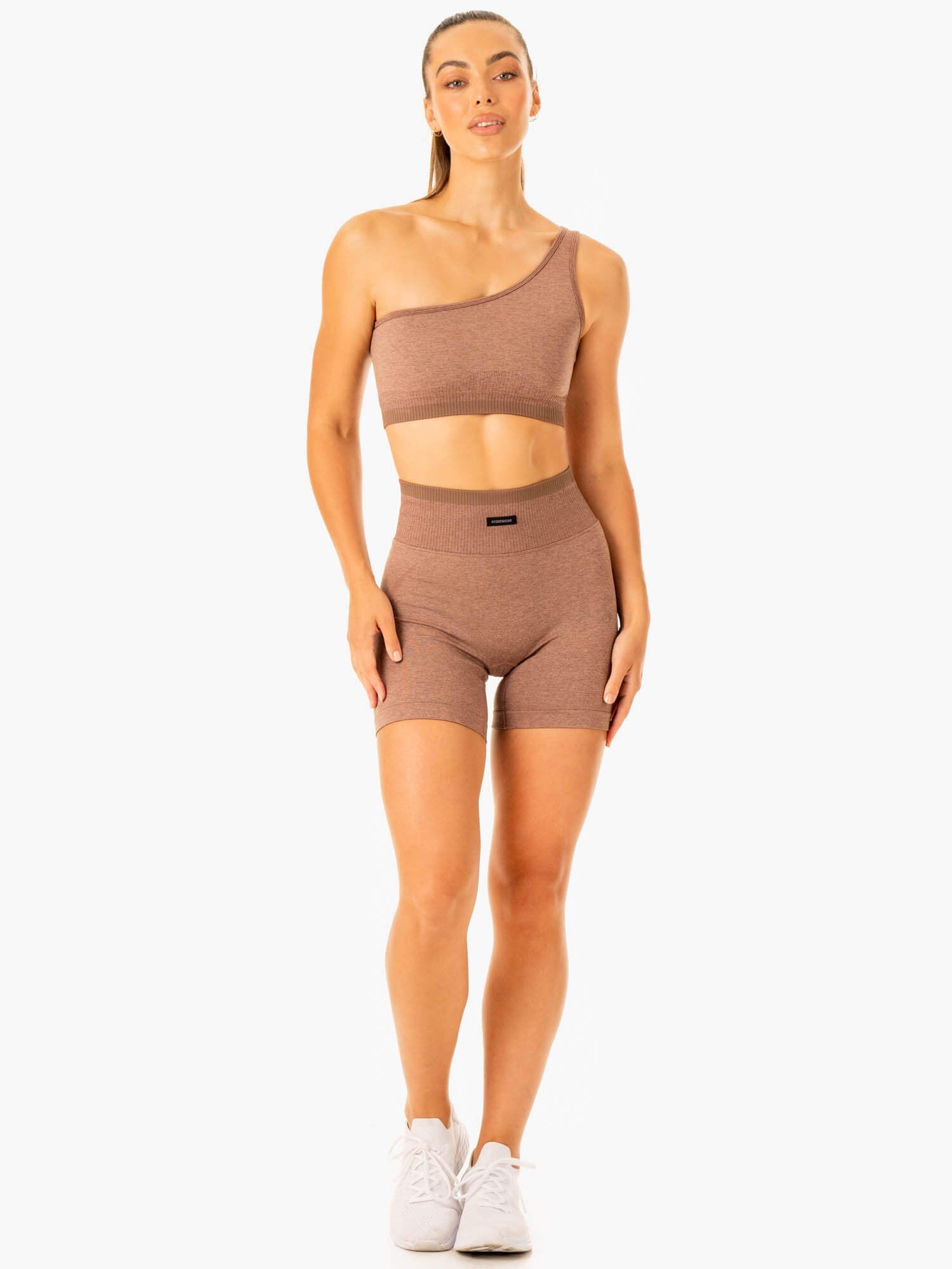 Excel Seamless One Shoulder Sports Bra for Women - Mocha Marl - High Support Workout Top for Yoga, Running & Gym