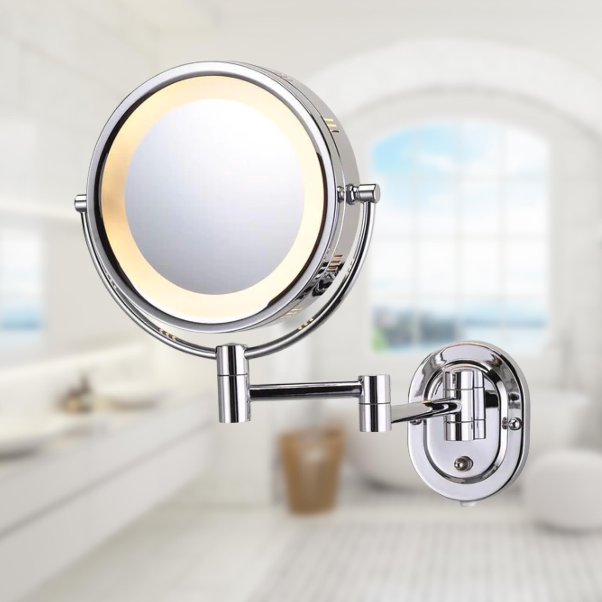 JERDON Wall-Mounted Chrome LED Makeup Mirror with 5X-1X Magnification & 14