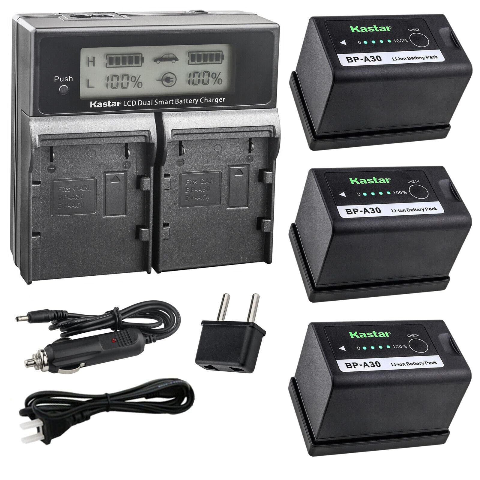 Kastar 3-Pack BP-A30 Battery and AC LCD Dual Fast Charger for Canon EOS C500 Mark II 6K, C70 Cinema (RF Mount), C700 PL 4K Camcorder - Professional Camera Power Solution for Film Production & On-Site Shooting