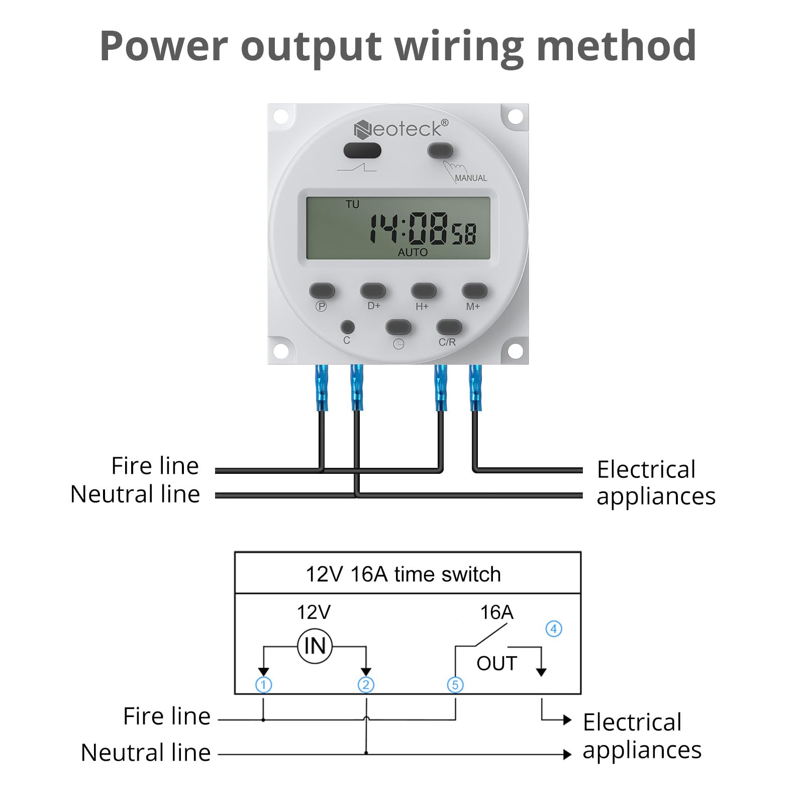 Neoteck DC 12V/16A 7-Day Programmable Digital Timer Switch with Waterproof Cover - Ideal for Lights, Fans & Motors in Home Automation, Aquariums & Outdoor Electrical Systems