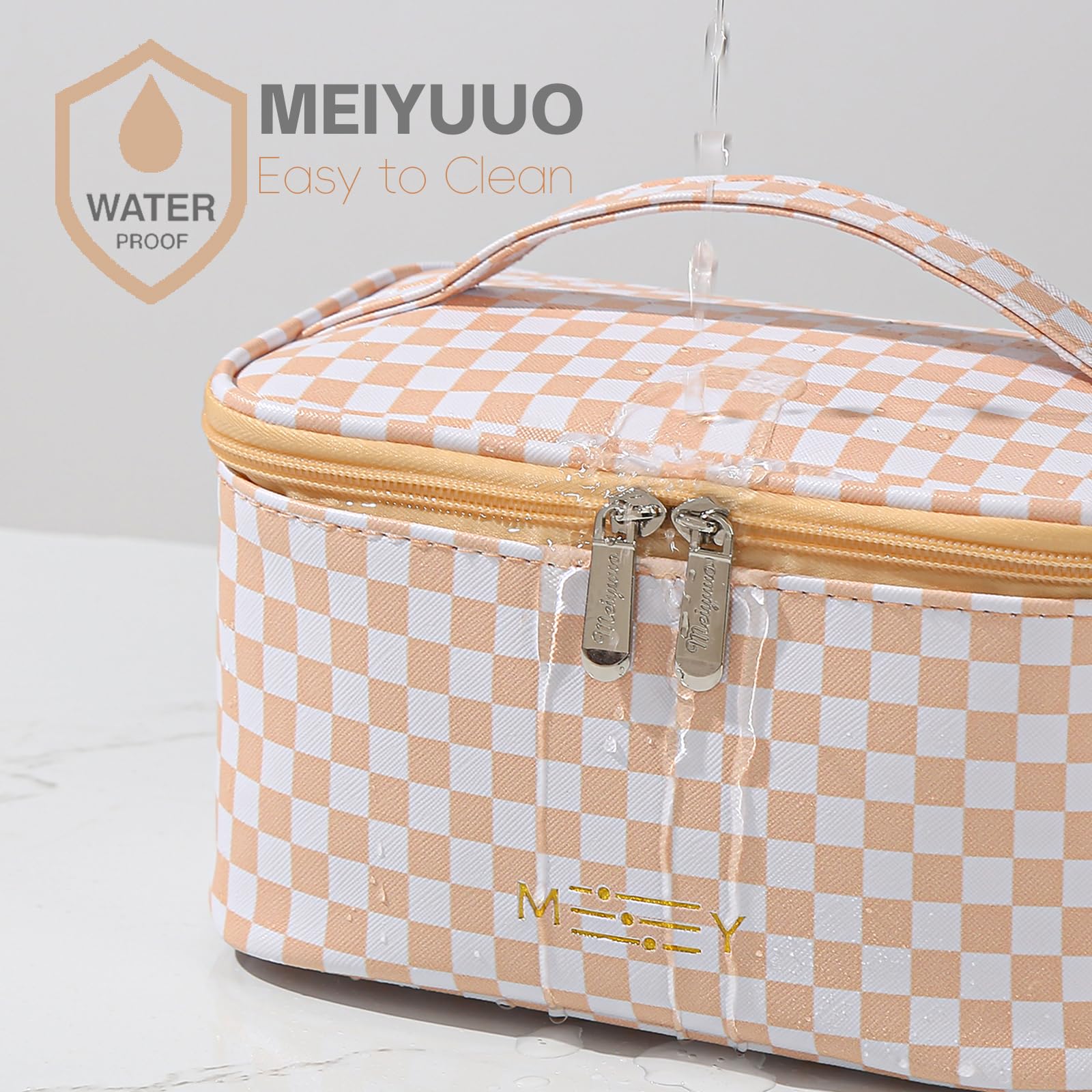 KITENROM Waterproof Makeup Bag for Women - Small Travel Cosmetic Pouch with Multi-Color Plaid Design, Pink Checkerboard Toiletry Organizer Case | Perfect for Travel, Gym, Daily Essentials & Beauty Storage