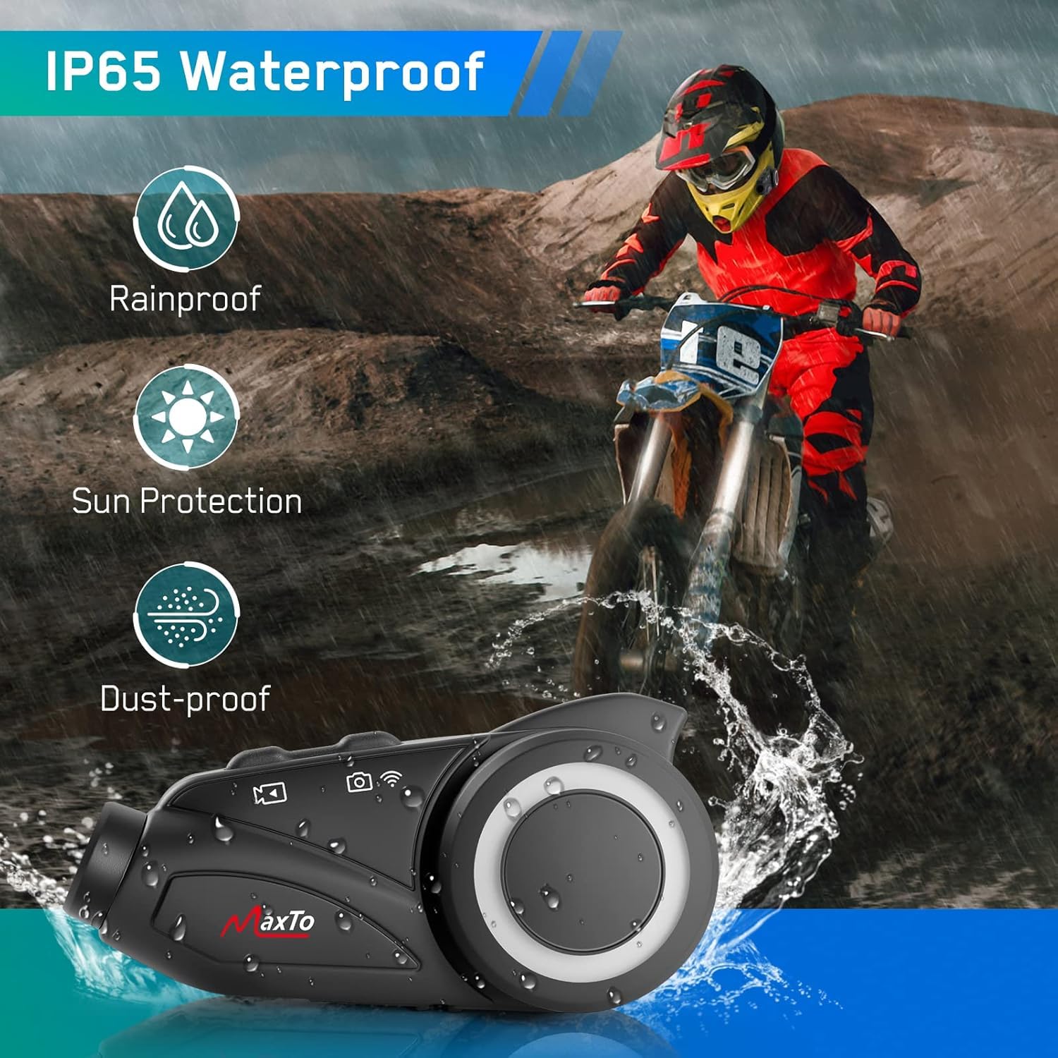 MAXTO M3 Motorcycle Bluetooth Intercom Headset with Camera - 6 Rider 1000M Communication System, Wireless Interphone for Motorbike Helmets (Siri/Google Assistant, Waterproof, FM Radio, Supports 128G TF Card) - Perfect for Group Rides, Touring & Adventure Motorcycling