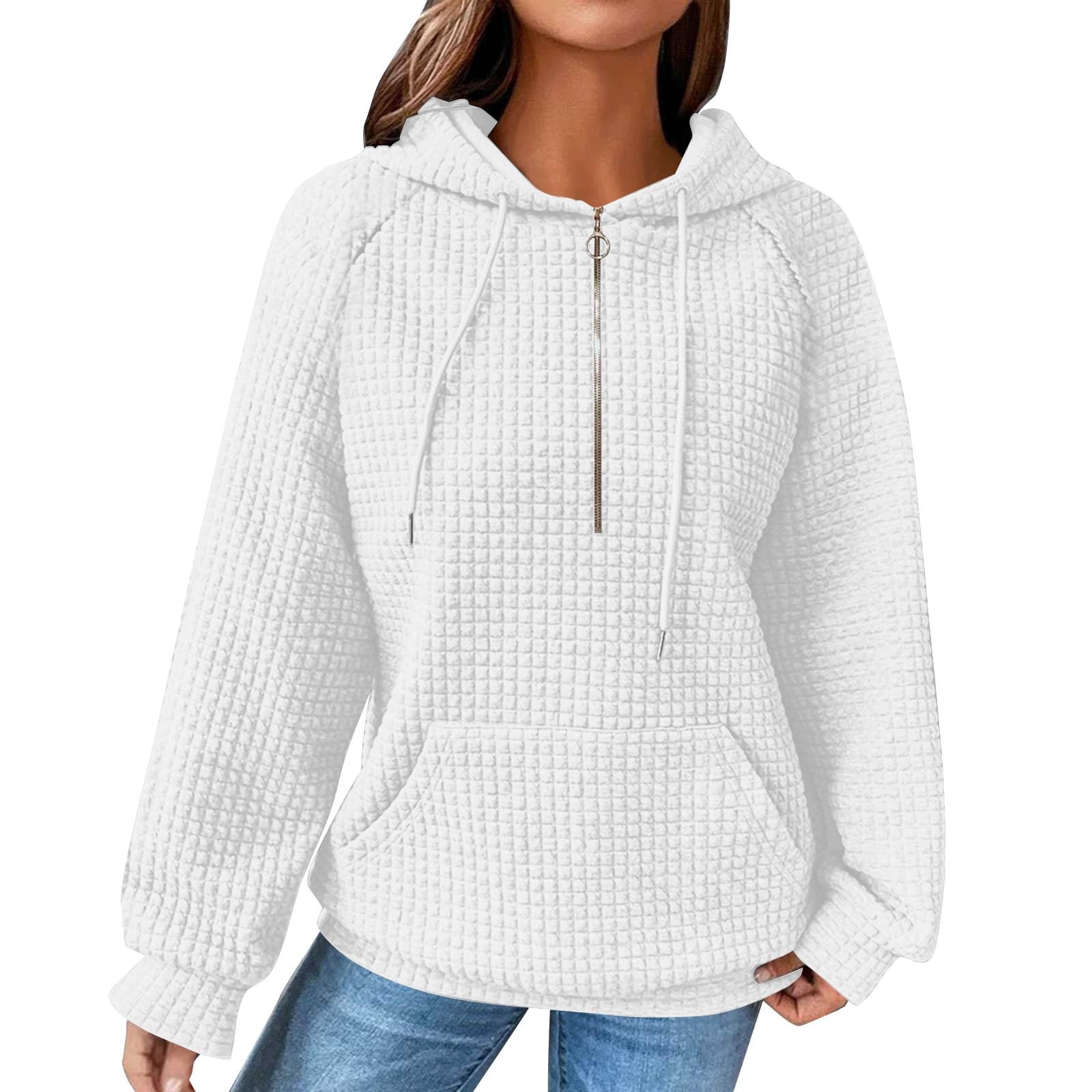 Women's Long Sleeve Waffle Hooded Sweatshirt with Pocket - Drawstring Loose Fit Comfy Pullover Top for Casual Wear, Lounge & Outdoor Activities